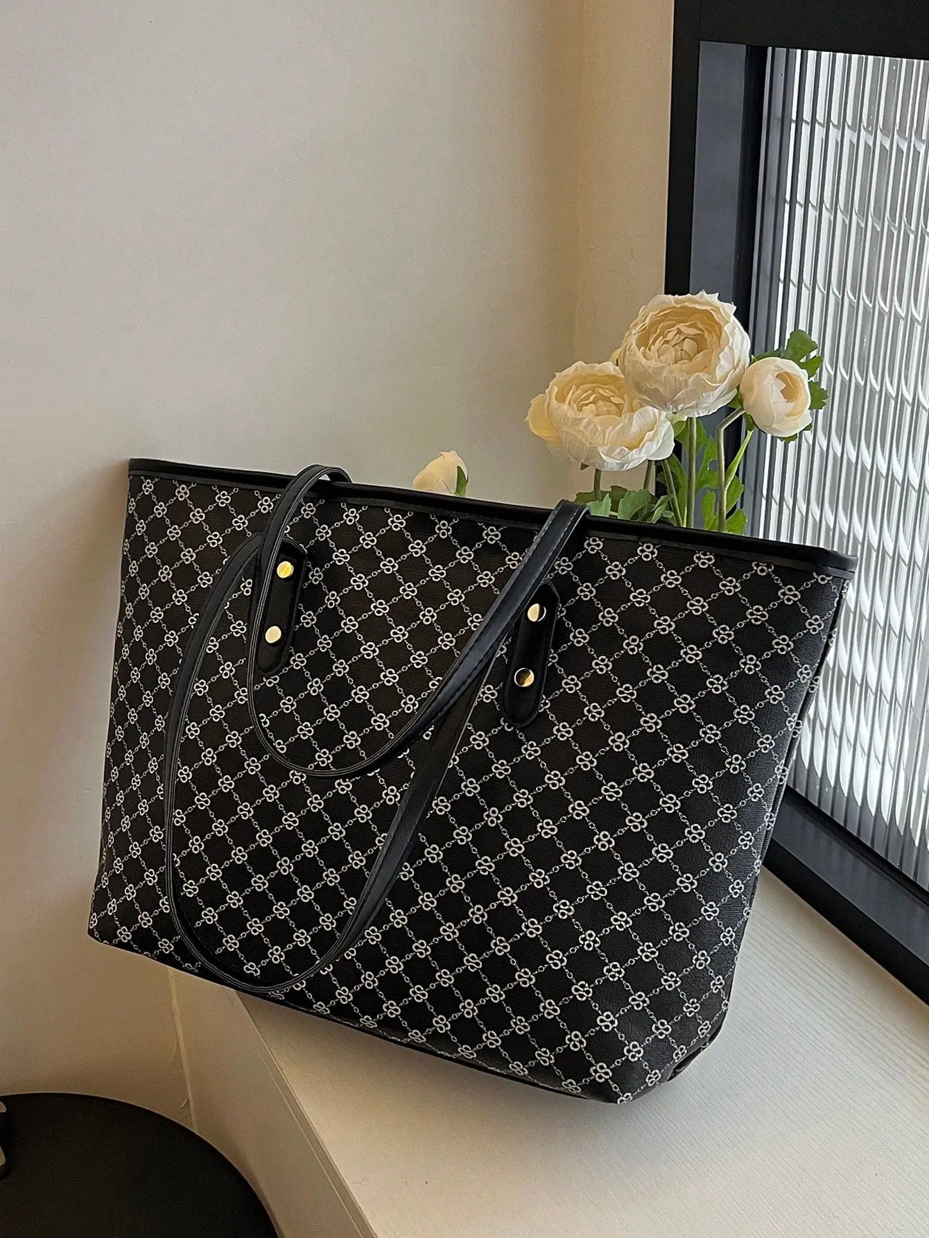 Geometric Pattern Large Shoulder Tote Bag -  Multicolor- FD ⚡