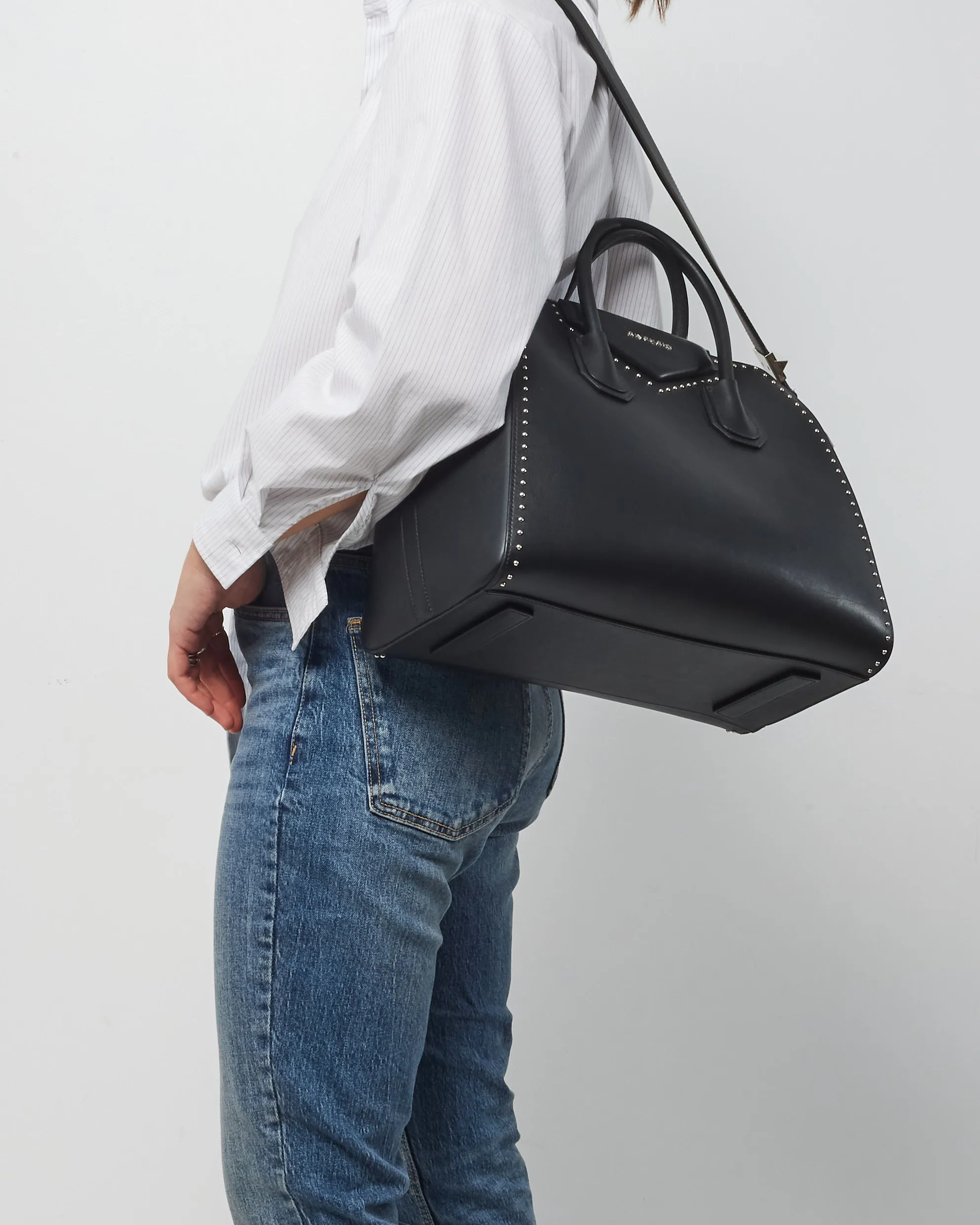 Givenchy Black Leather Studded Large Antigona Top Handle Bag