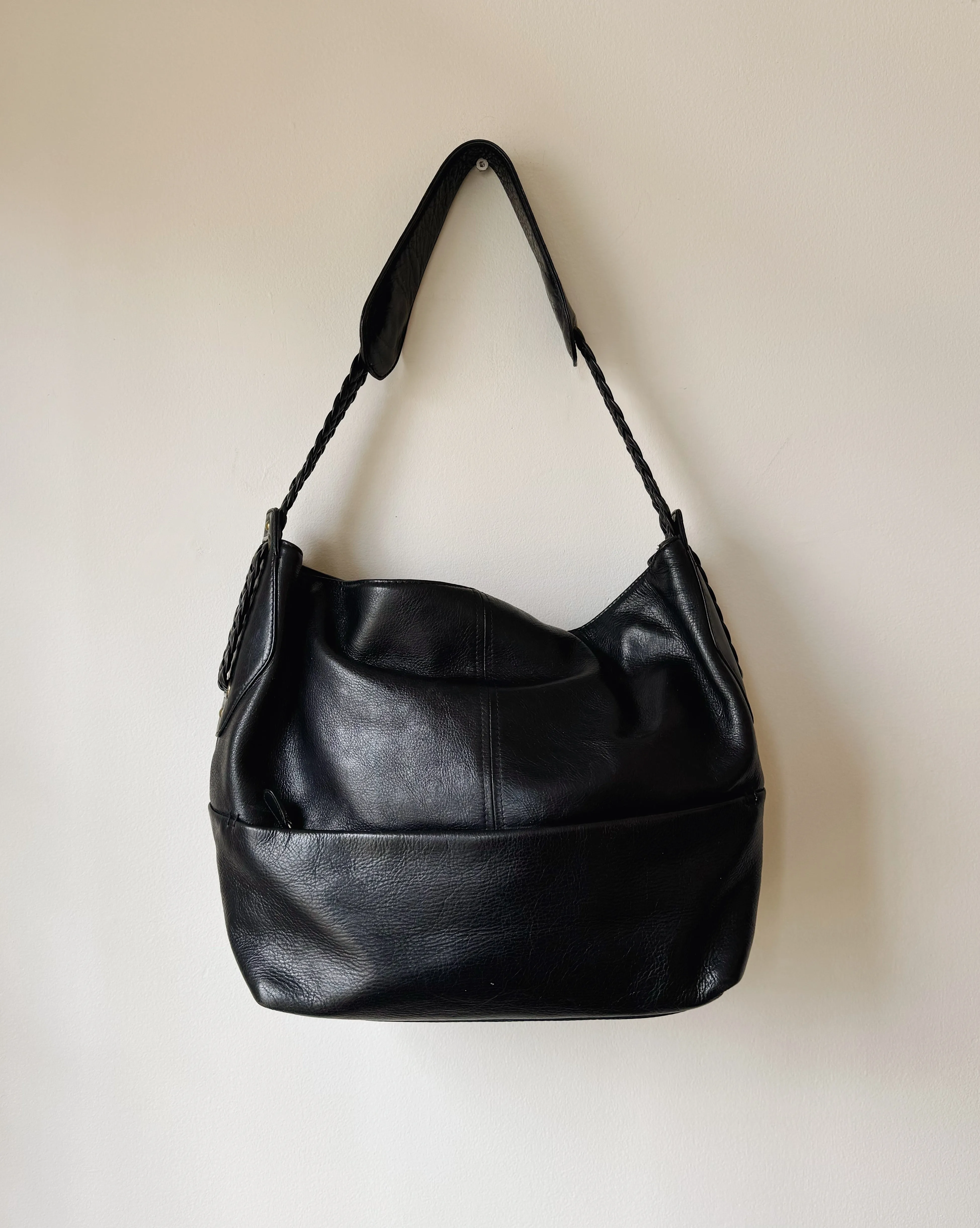 Glossy Black Leather Bucket Bag