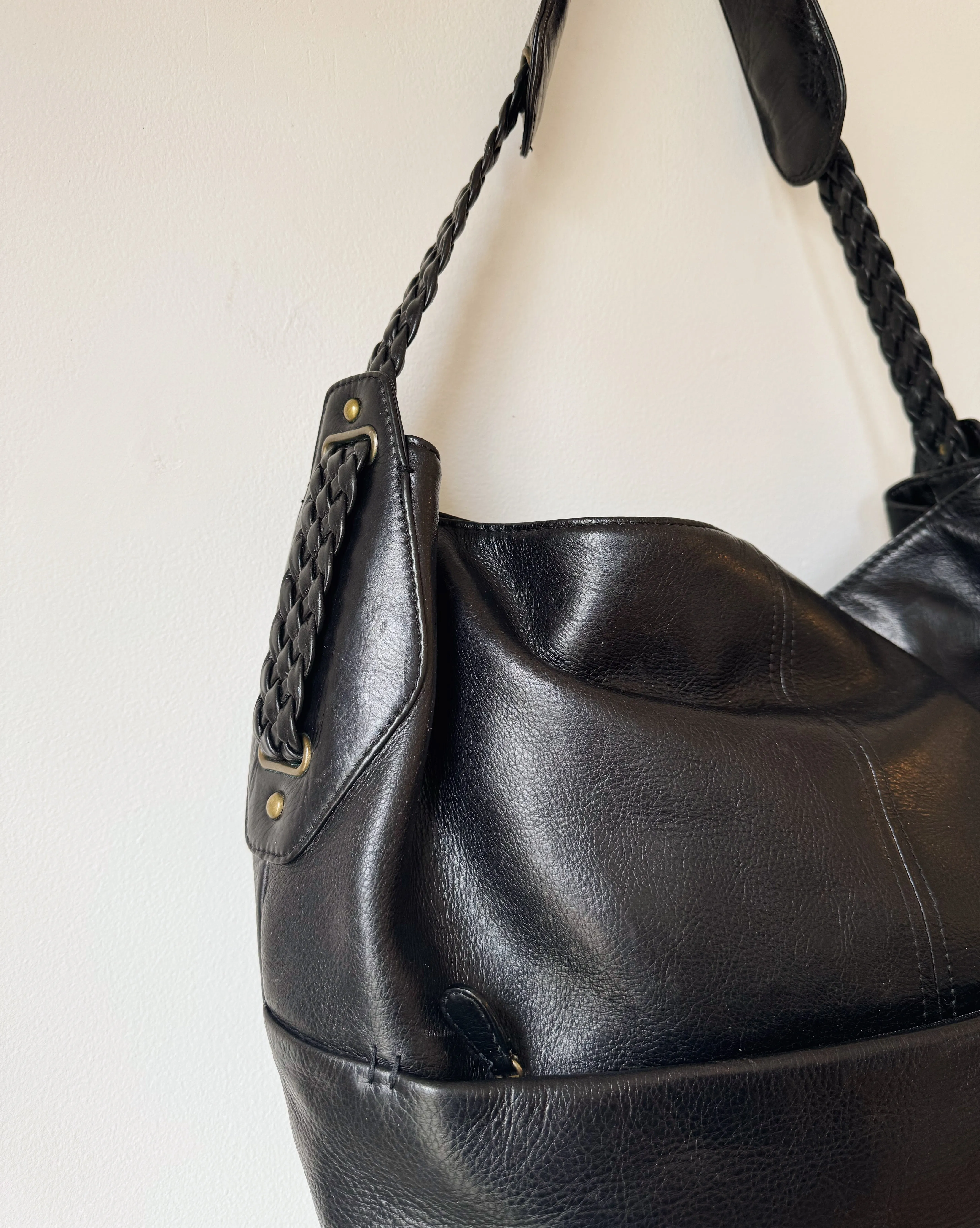 Glossy Black Leather Bucket Bag