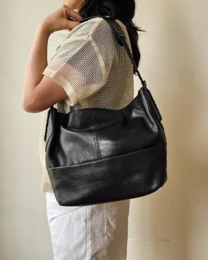 Glossy Black Leather Bucket Bag