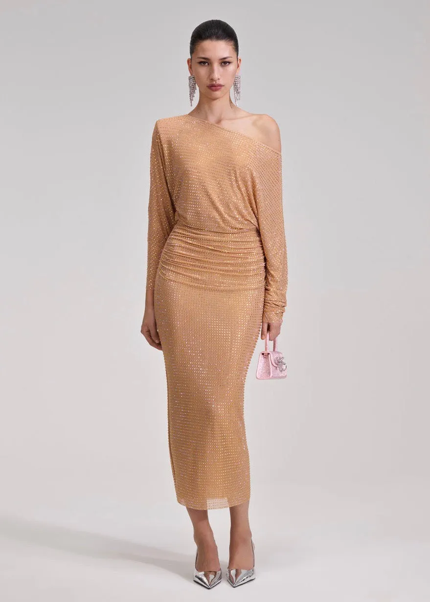 Gold Rhinestone Mesh Midi Dress (Gold)
