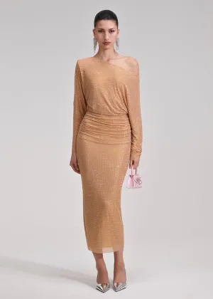 Gold Rhinestone Mesh Midi Dress (Gold)