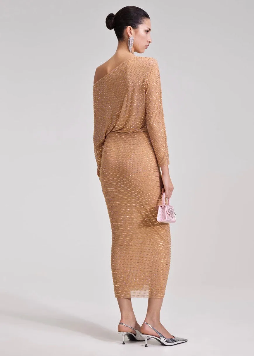Gold Rhinestone Mesh Midi Dress (Gold)