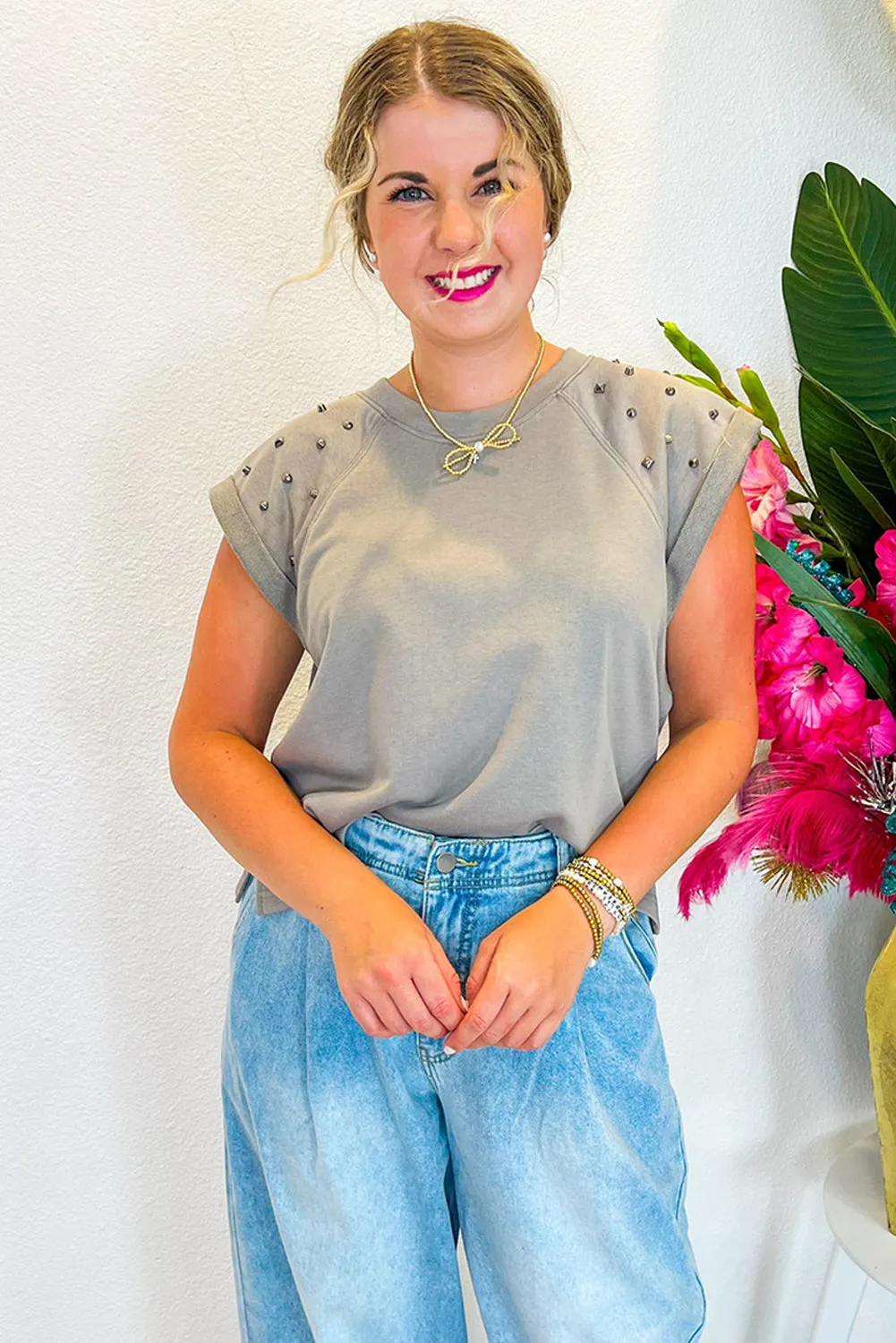 Gray Studded Shoulder Cap Sleeve Round Neck T Shirt