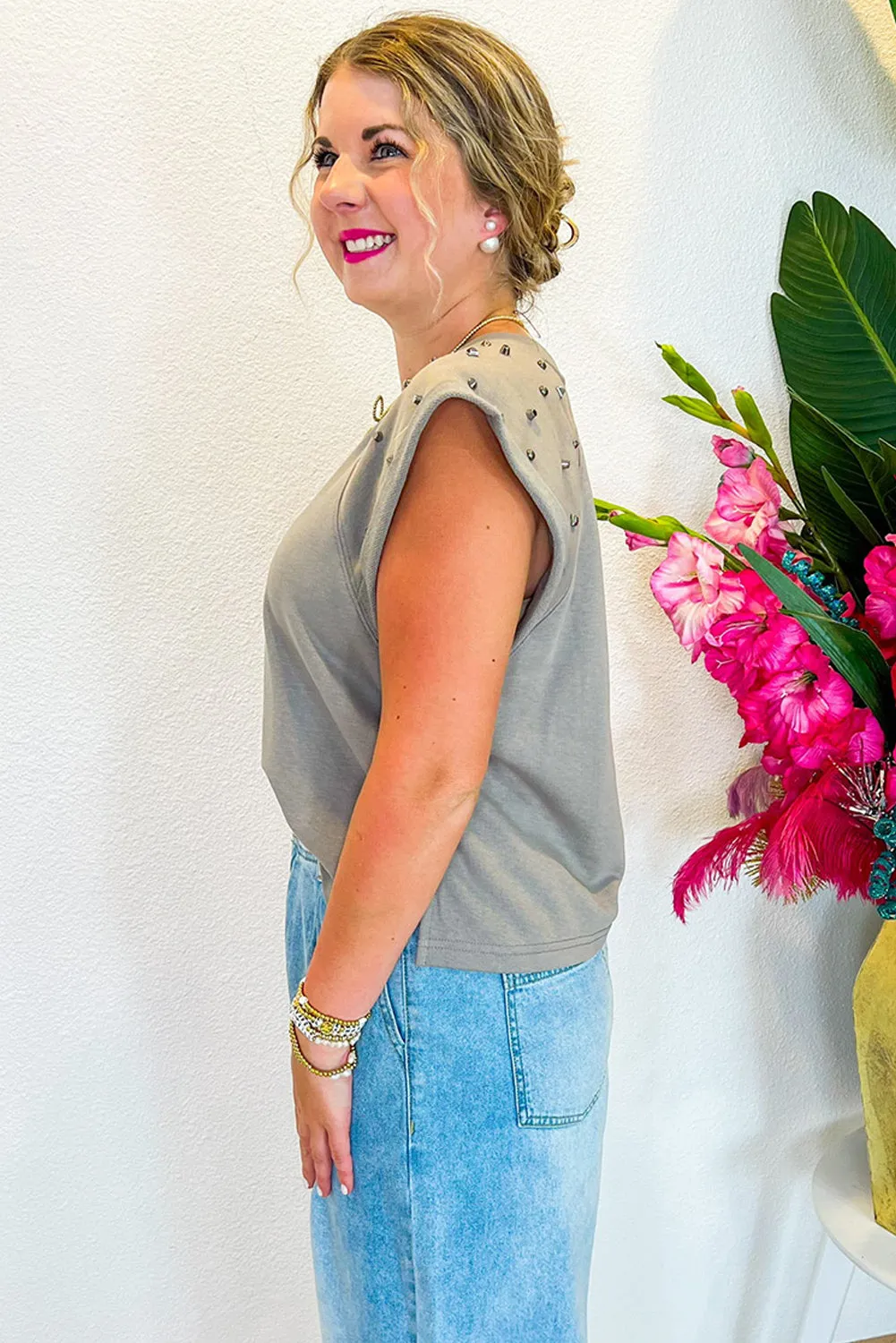 Gray Studded Shoulder Cap Sleeve Round Neck T Shirt