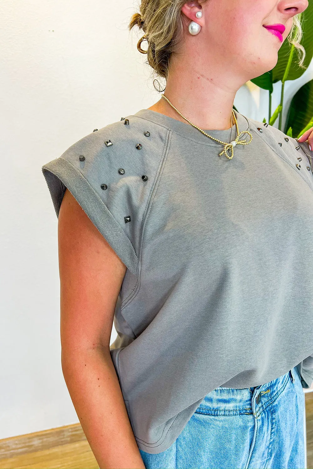 Gray Studded Shoulder Cap Sleeve Round Neck T Shirt