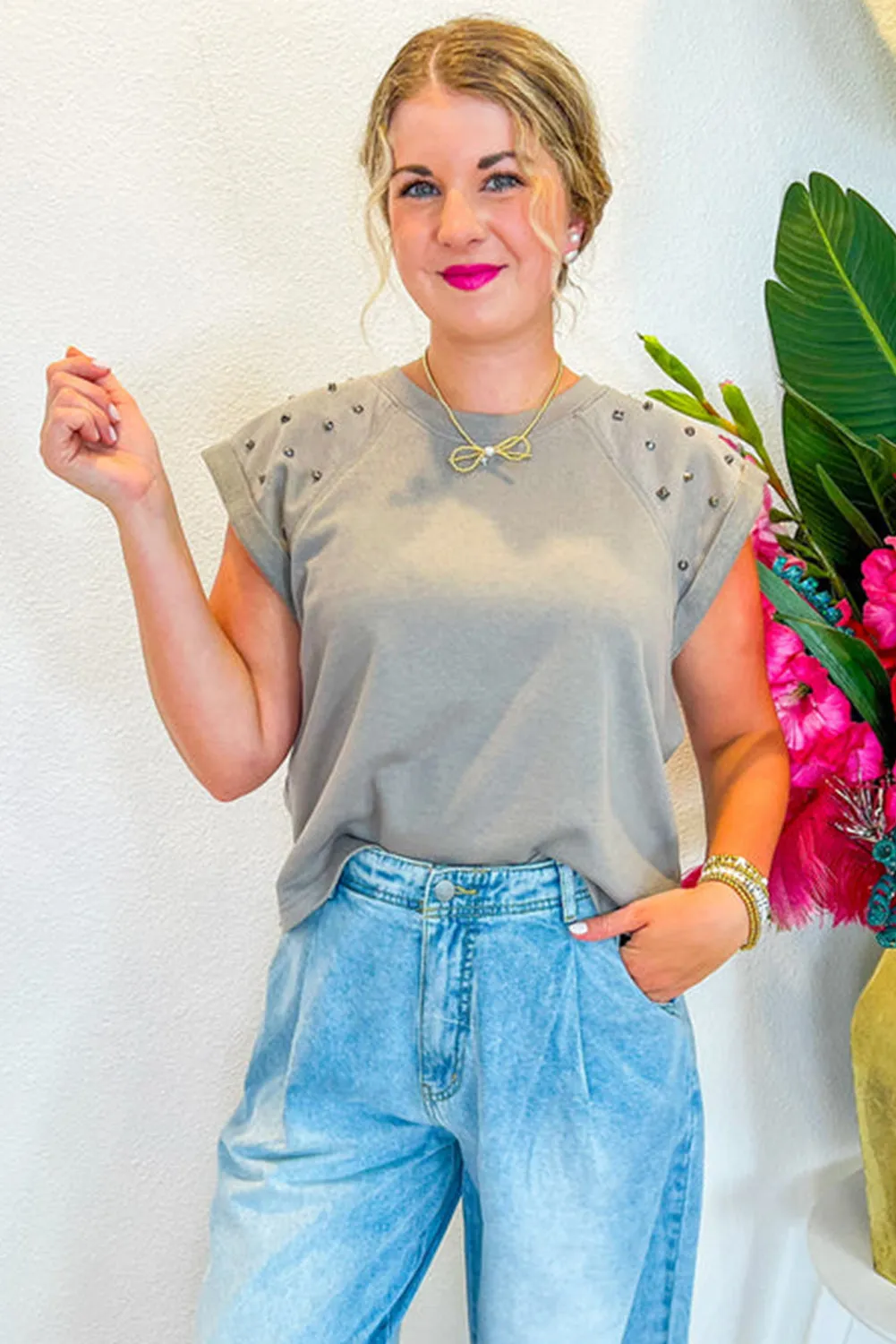 Gray Studded Shoulder Cap Sleeve Round Neck T Shirt