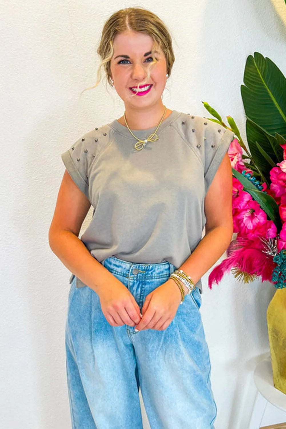 Gray Studded Shoulder Cap Sleeve Round Neck T Shirt