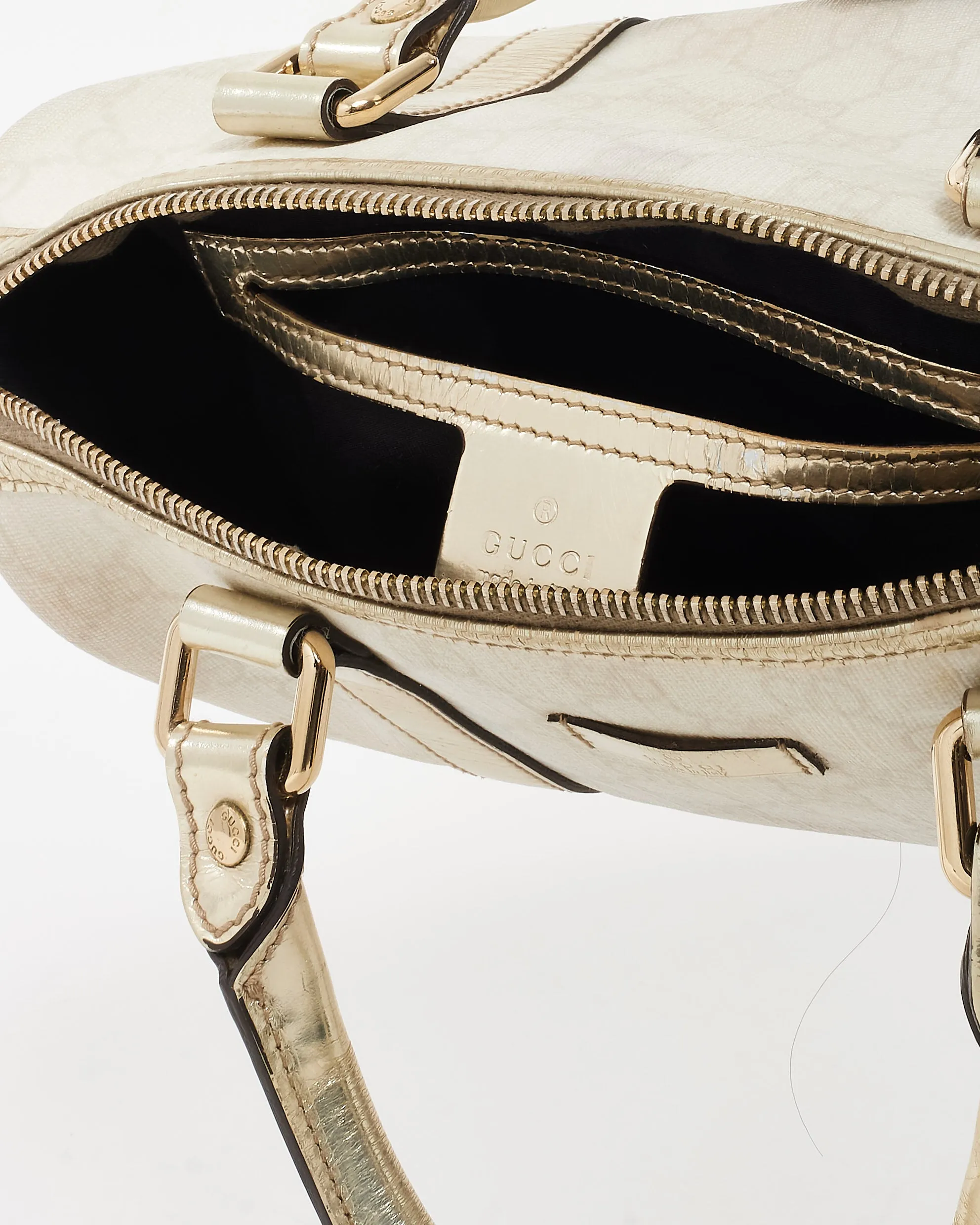 Gucci Beige & Cream GG Supreme Canvas & Gold Leather Mini Joy Boston Bag