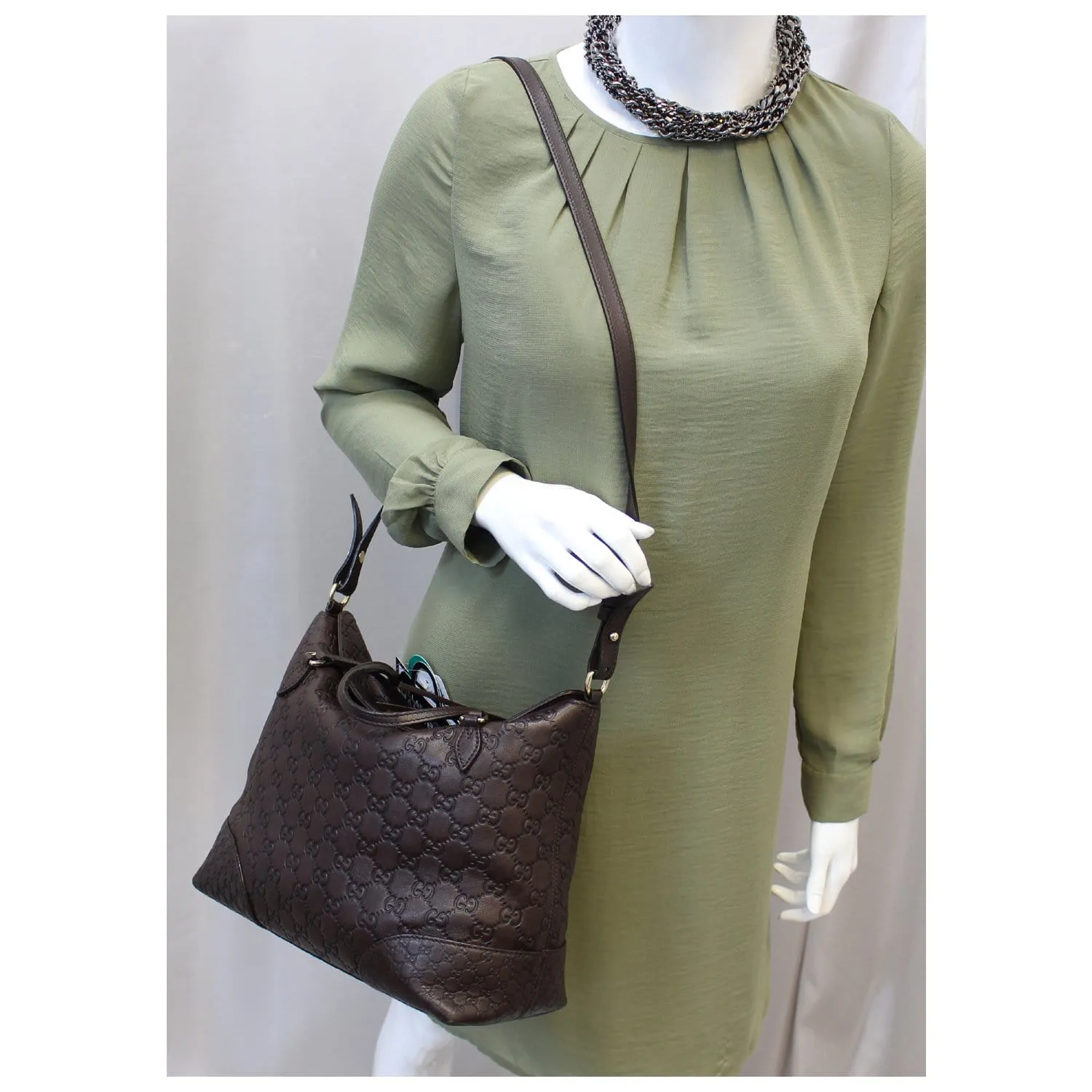 GUCCI Guccissima Leather Bree Top Handle Bag Dark Brown