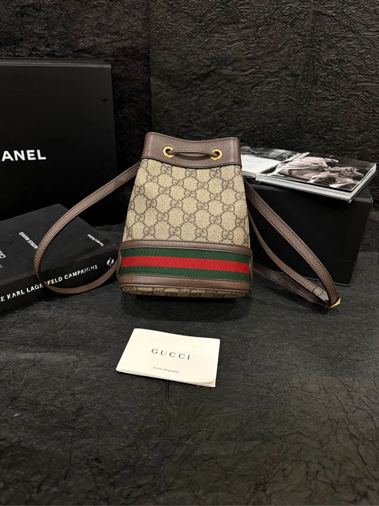 Gucci Ophidia GG Supreme Beige Ebony Mini Bucket Bag