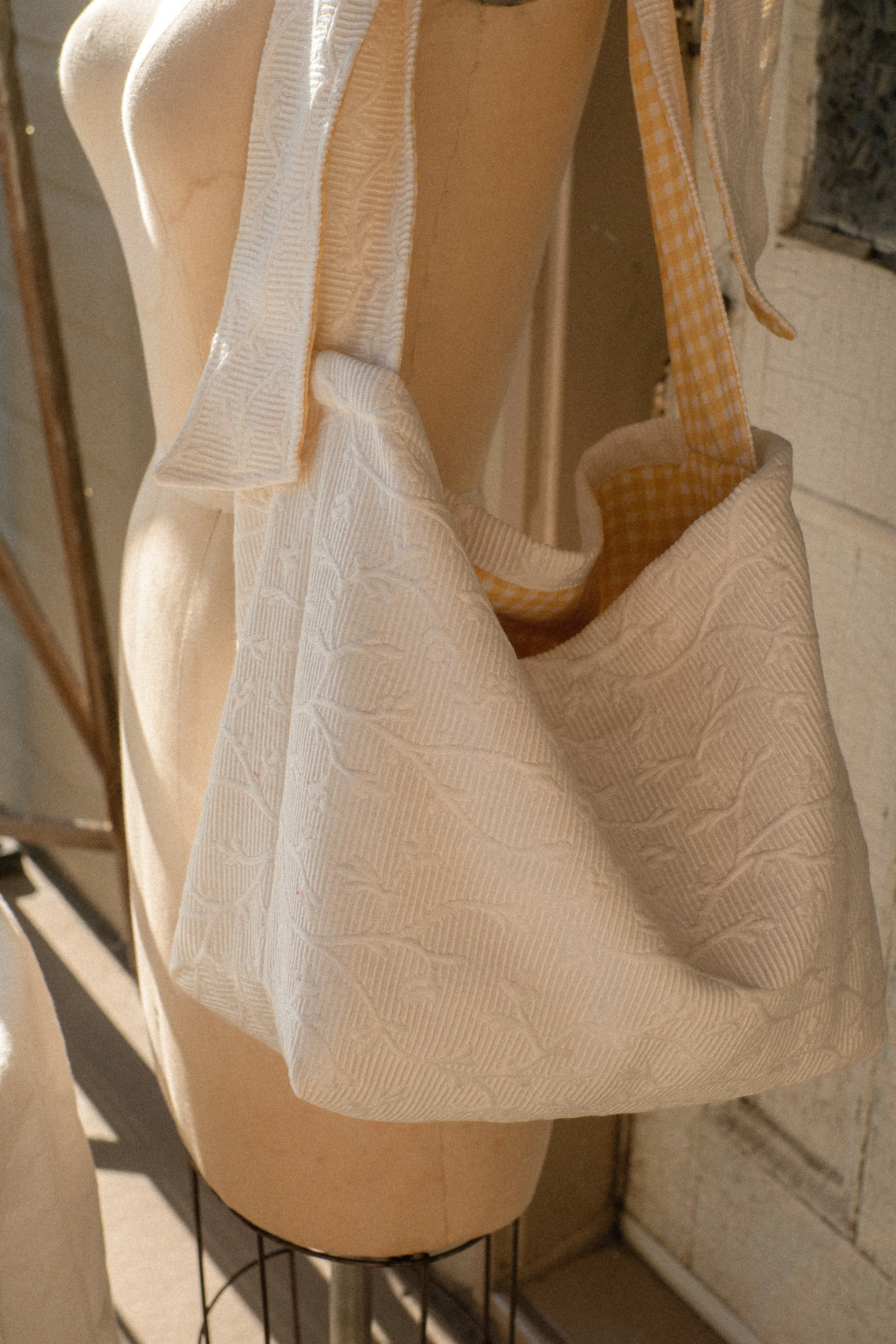 Handmade Ribbon gingham reversible tote - Butter