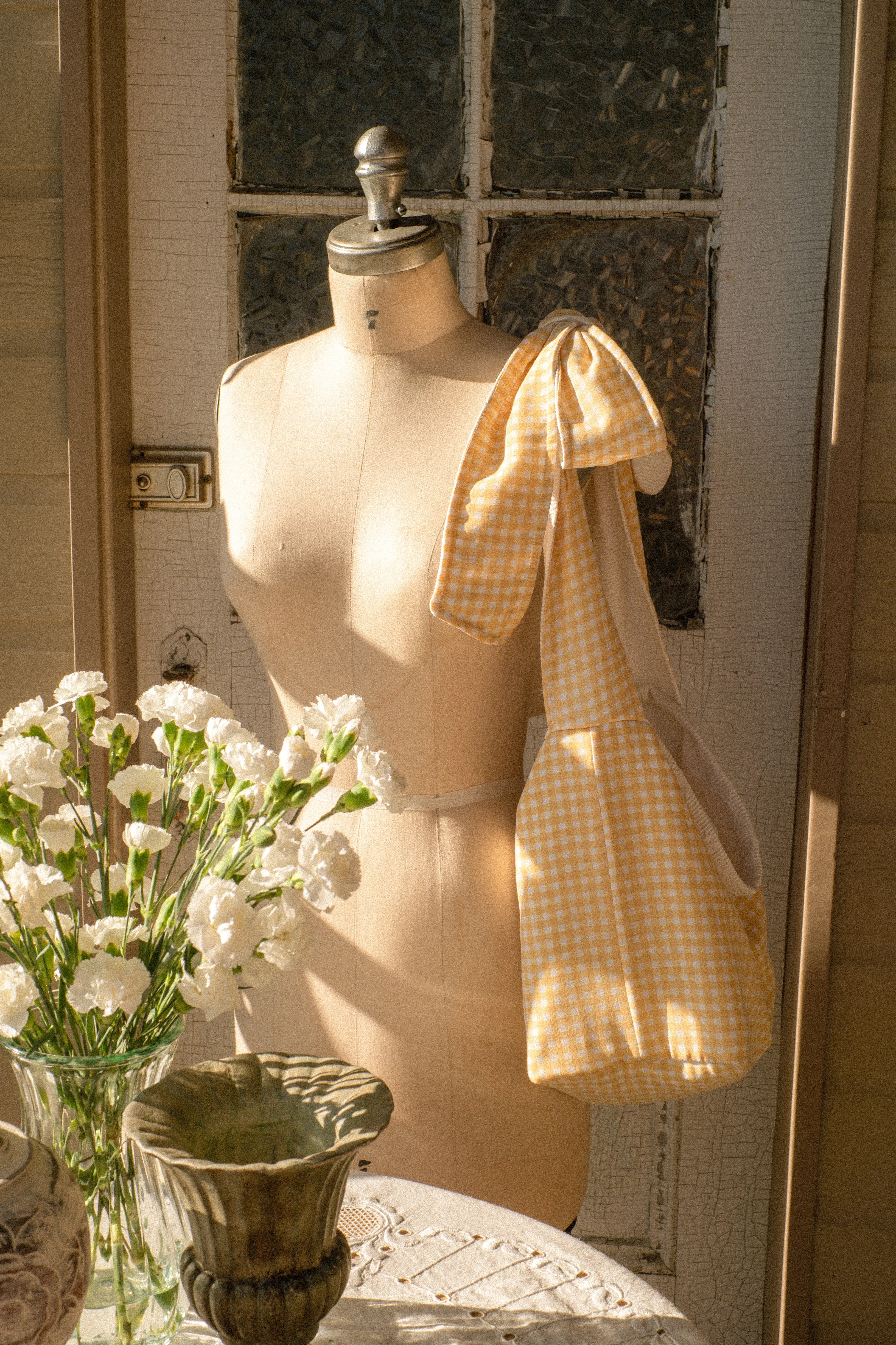 Handmade Ribbon gingham reversible tote - Butter