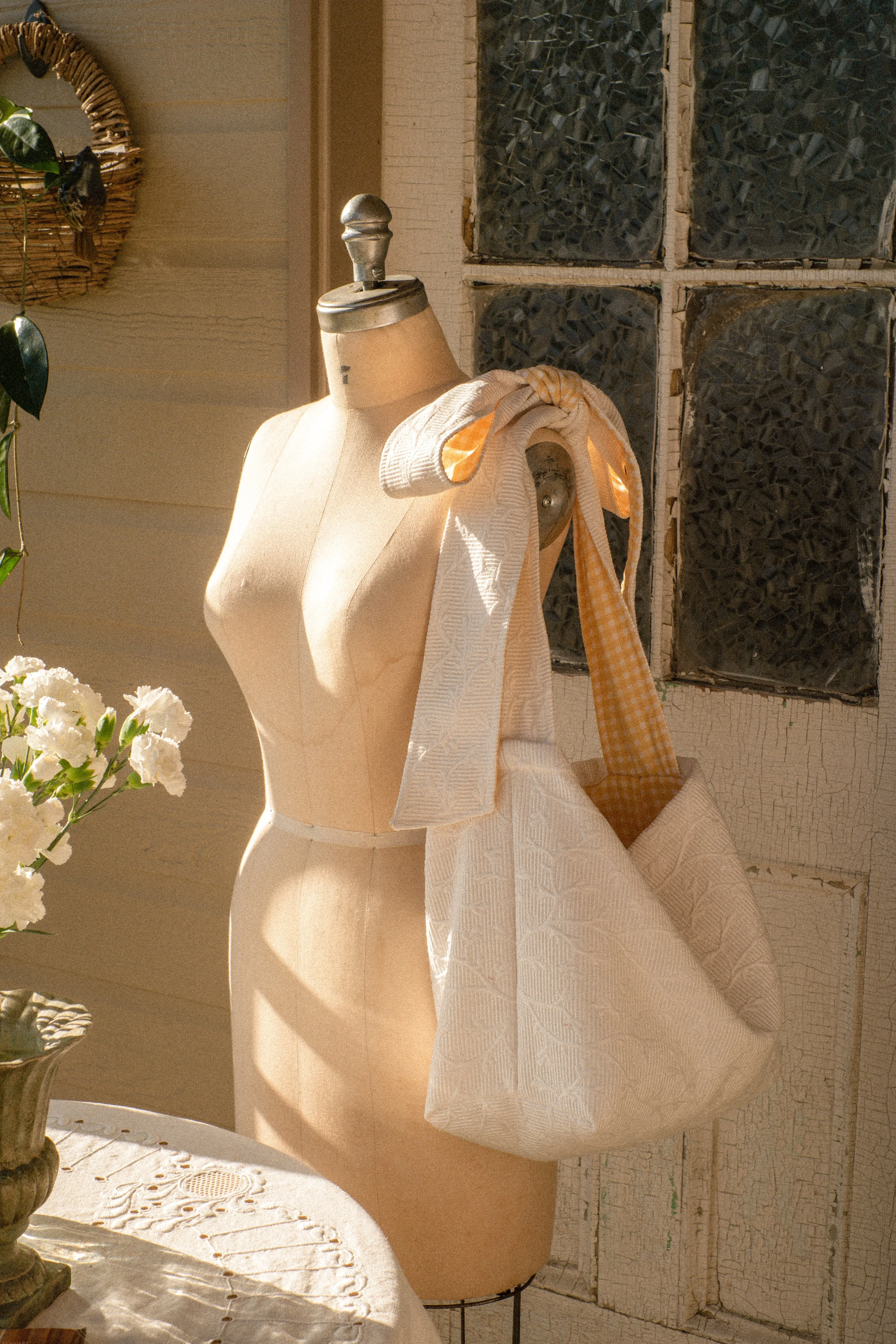 Handmade Ribbon gingham reversible tote - Butter