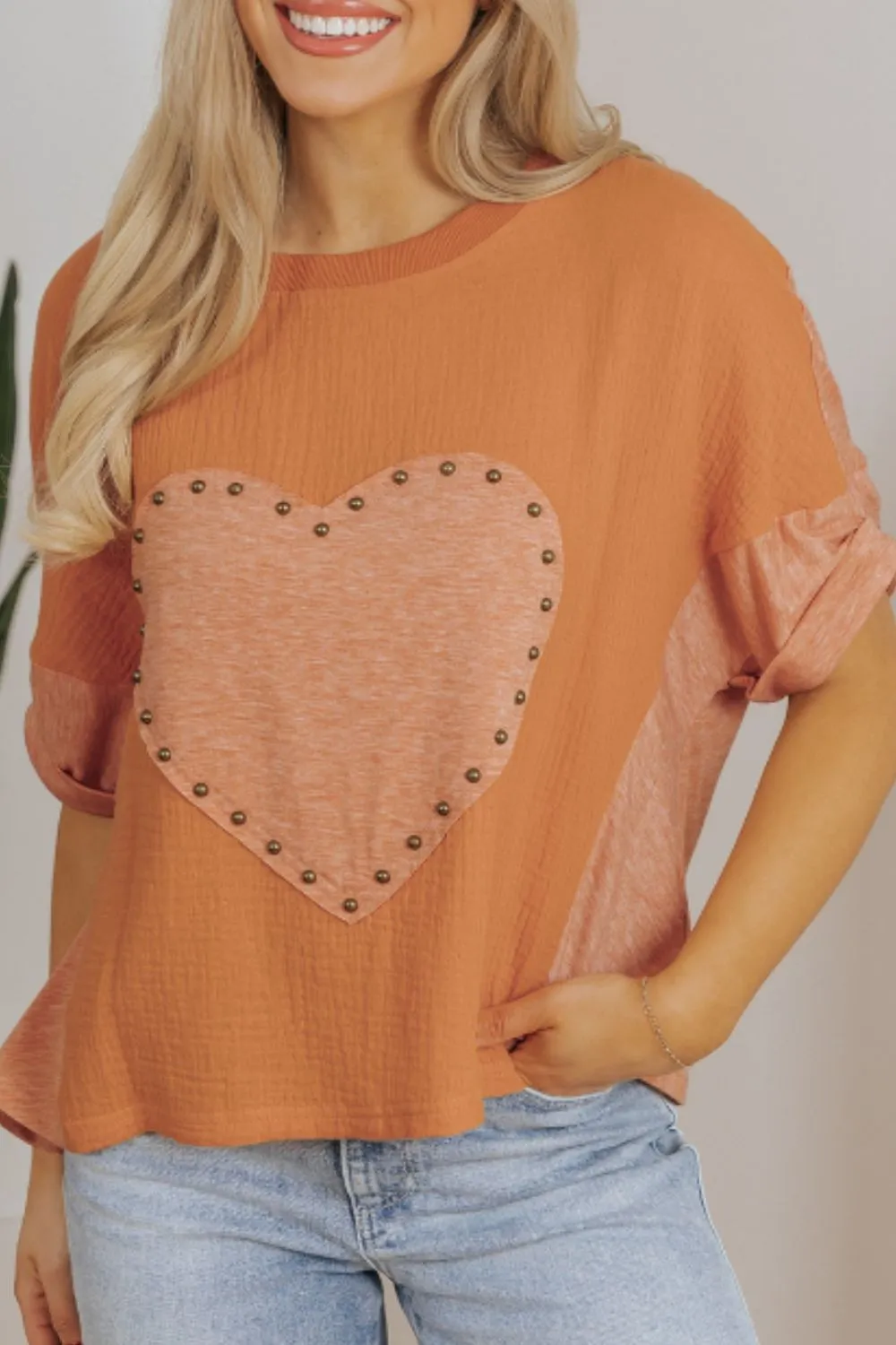 Hazel Blues® |  Stud Heart Patch Round Neck Short Sleeve T-Shirt