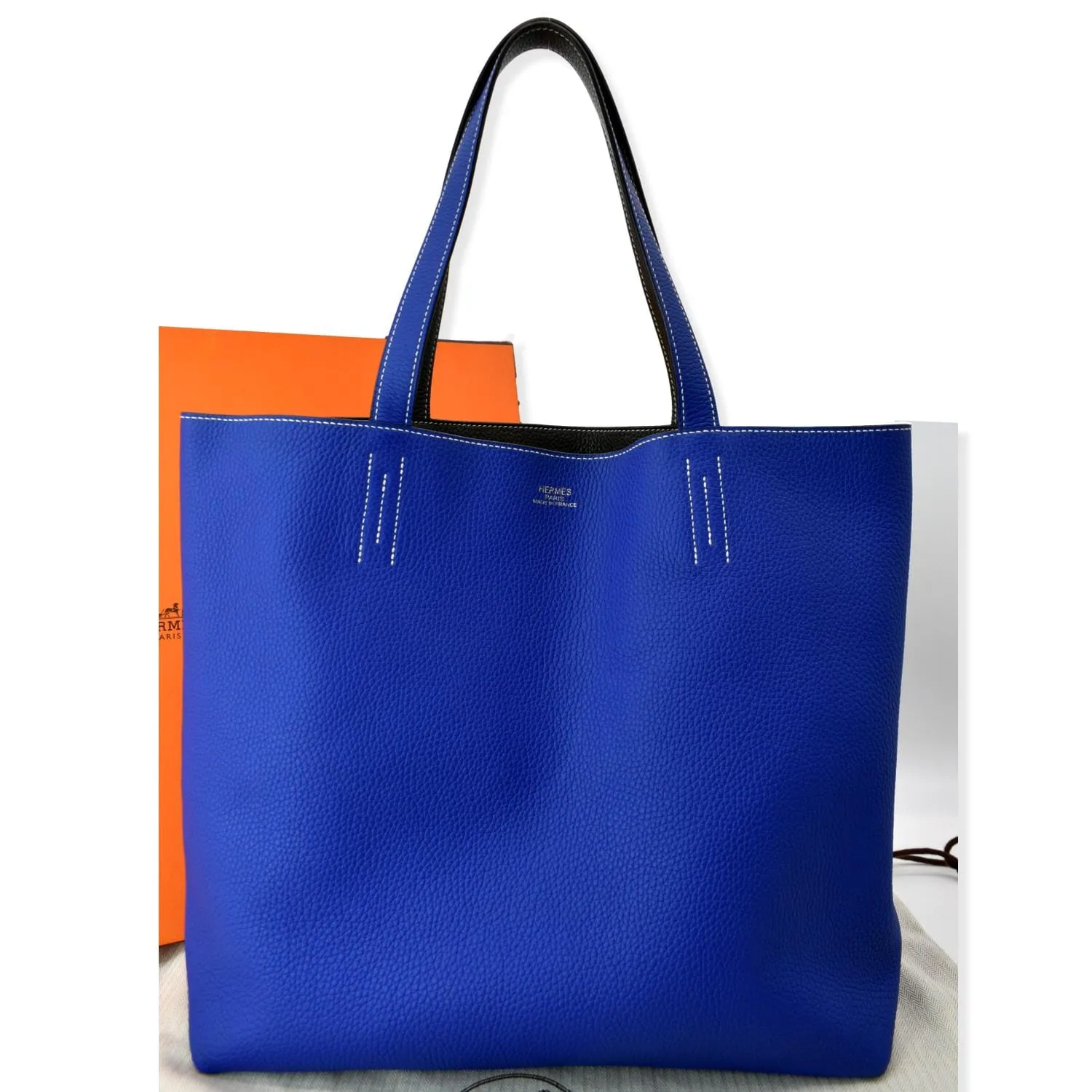 HERMES Double Sens 45cm Reversible Taurillon Clemence Tot Bag Black/Blue