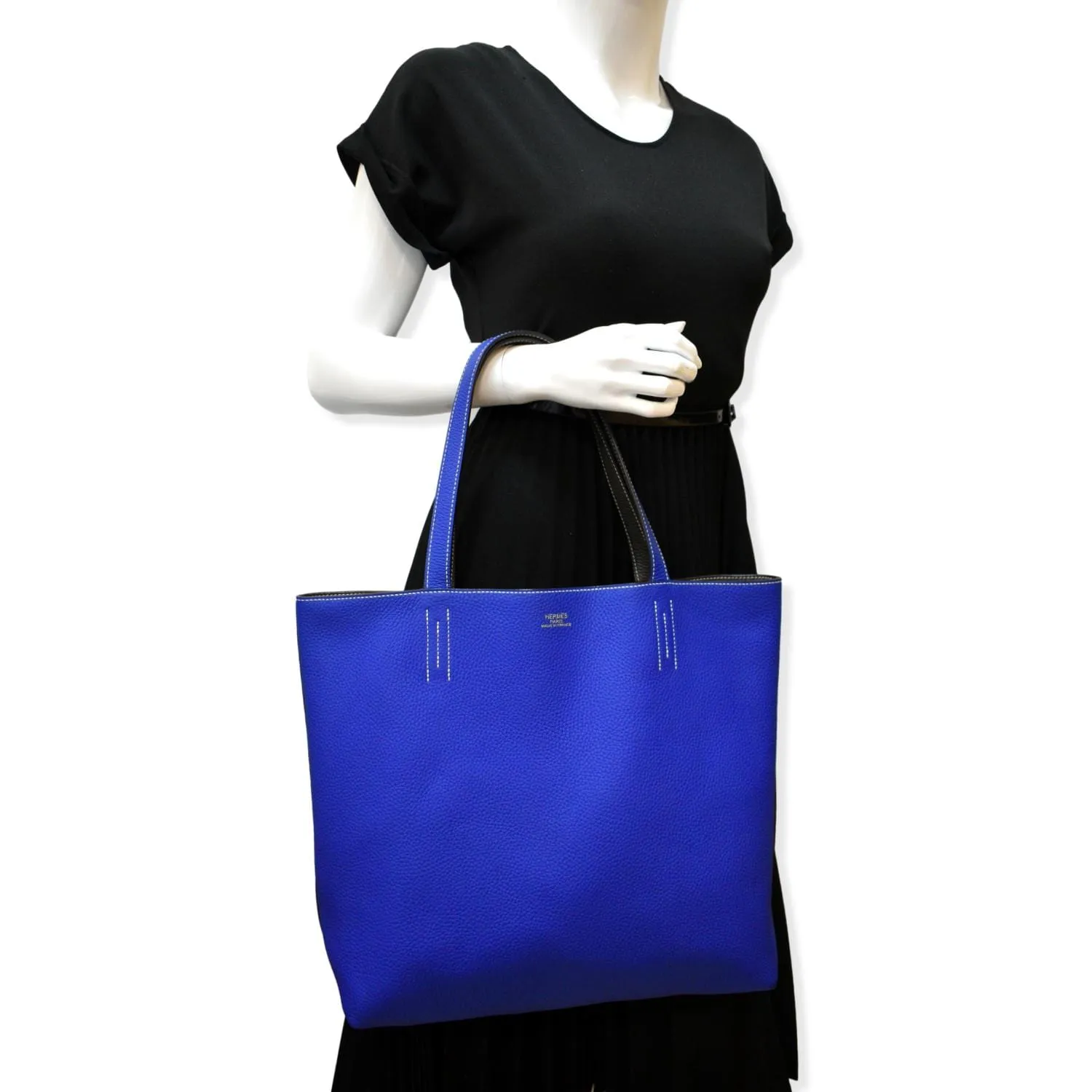 HERMES Double Sens 45cm Reversible Taurillon Clemence Tot Bag Black/Blue