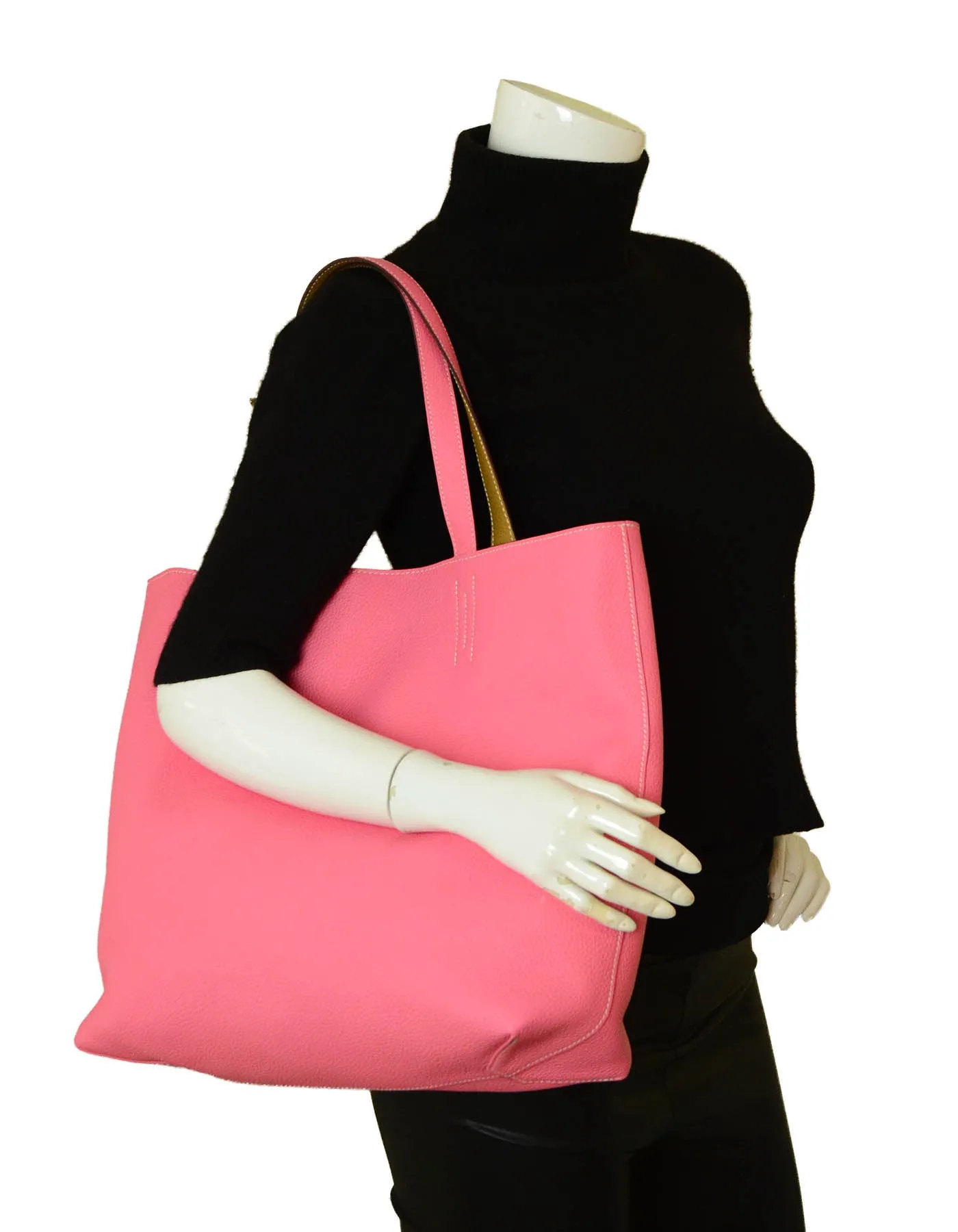 Hermes Rose Azalee/ Sesame Leather Reversible Double Sens 36 Tote Bag