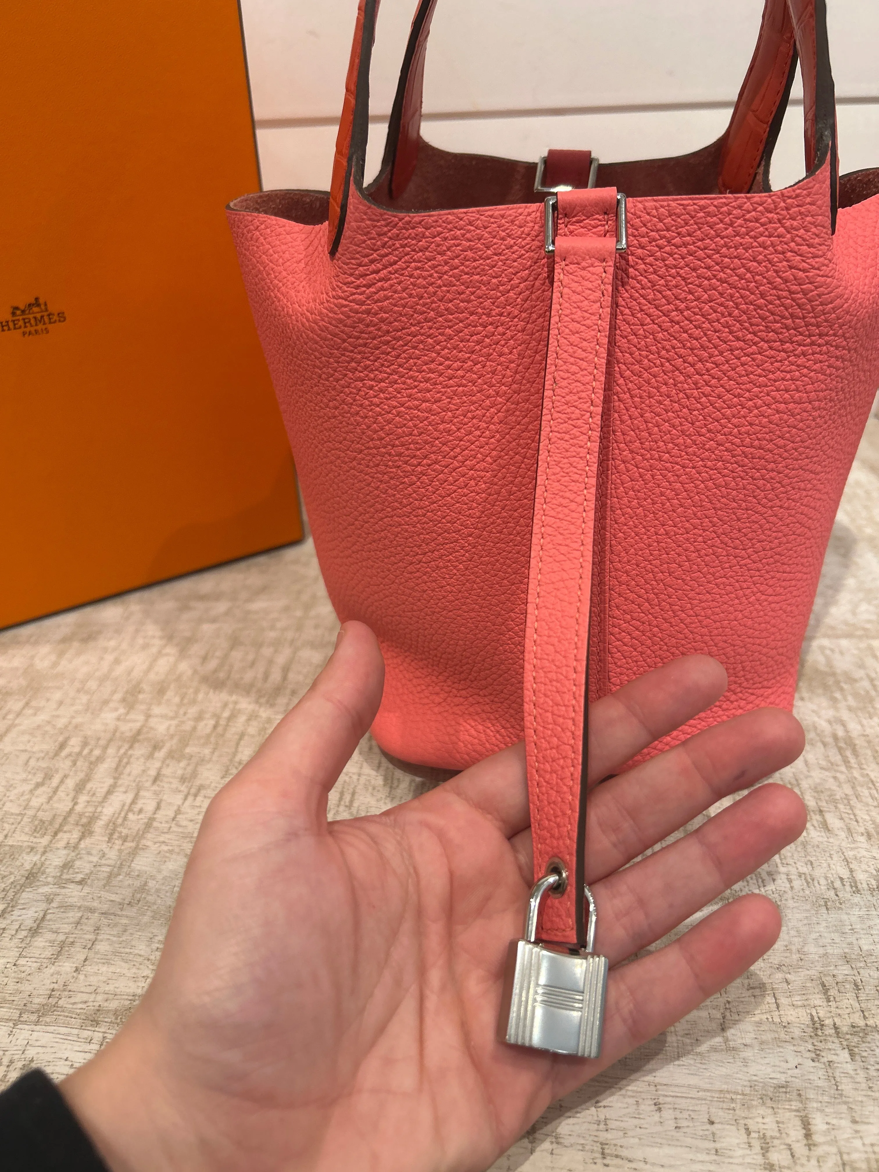 Hermès Bag, Rose Azalee Taurillon Clemence Matte Alligator Picotin Lock Touch 18 PM