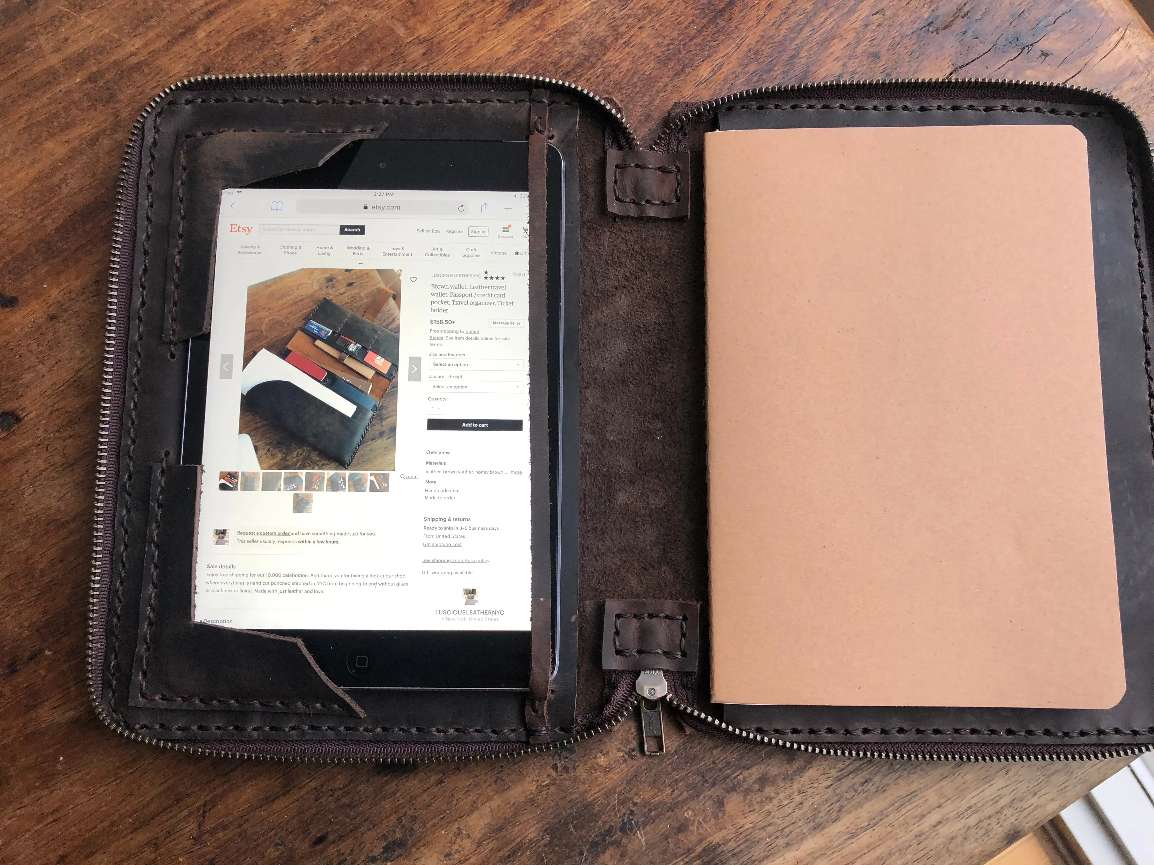 iPad mini zipp case / Leather iPad mini folio / Handmade leather mini padfolio