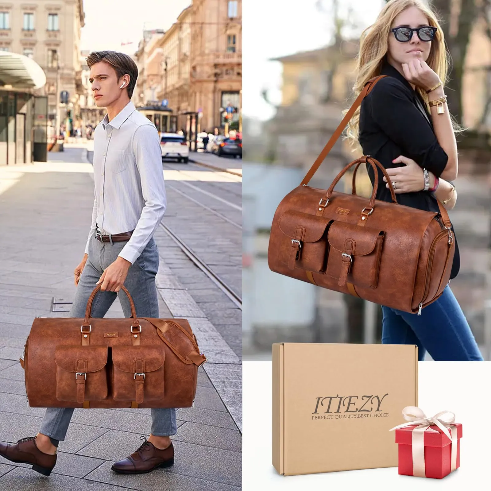 ITIEZY Convertible leather Garment Bag for Travel, 3Pcs Weekend Travel Bag, 2 in 1 Hanging Suitcase Suit Bag