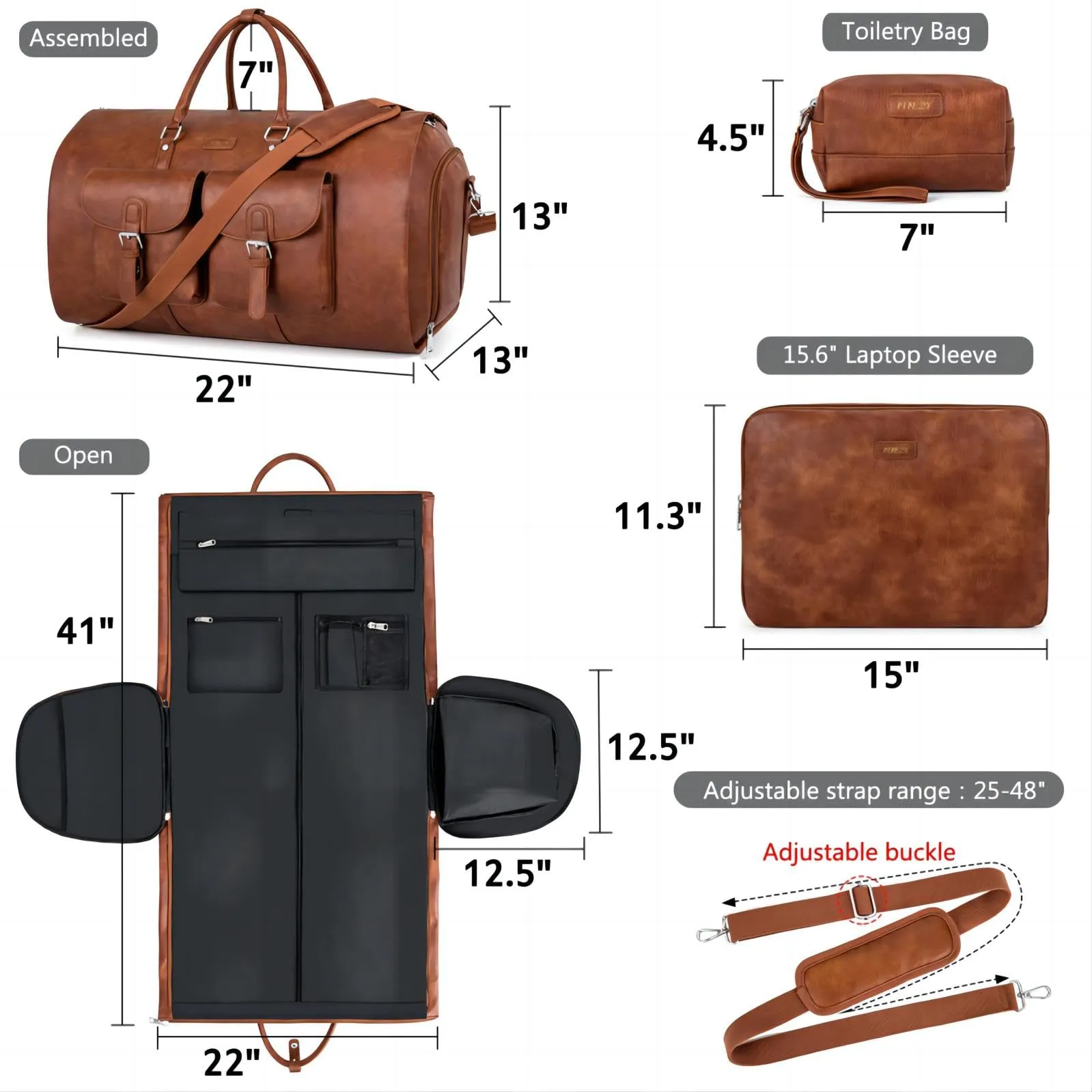 ITIEZY Convertible leather Garment Bag for Travel, 3Pcs Weekend Travel Bag, 2 in 1 Hanging Suitcase Suit Bag