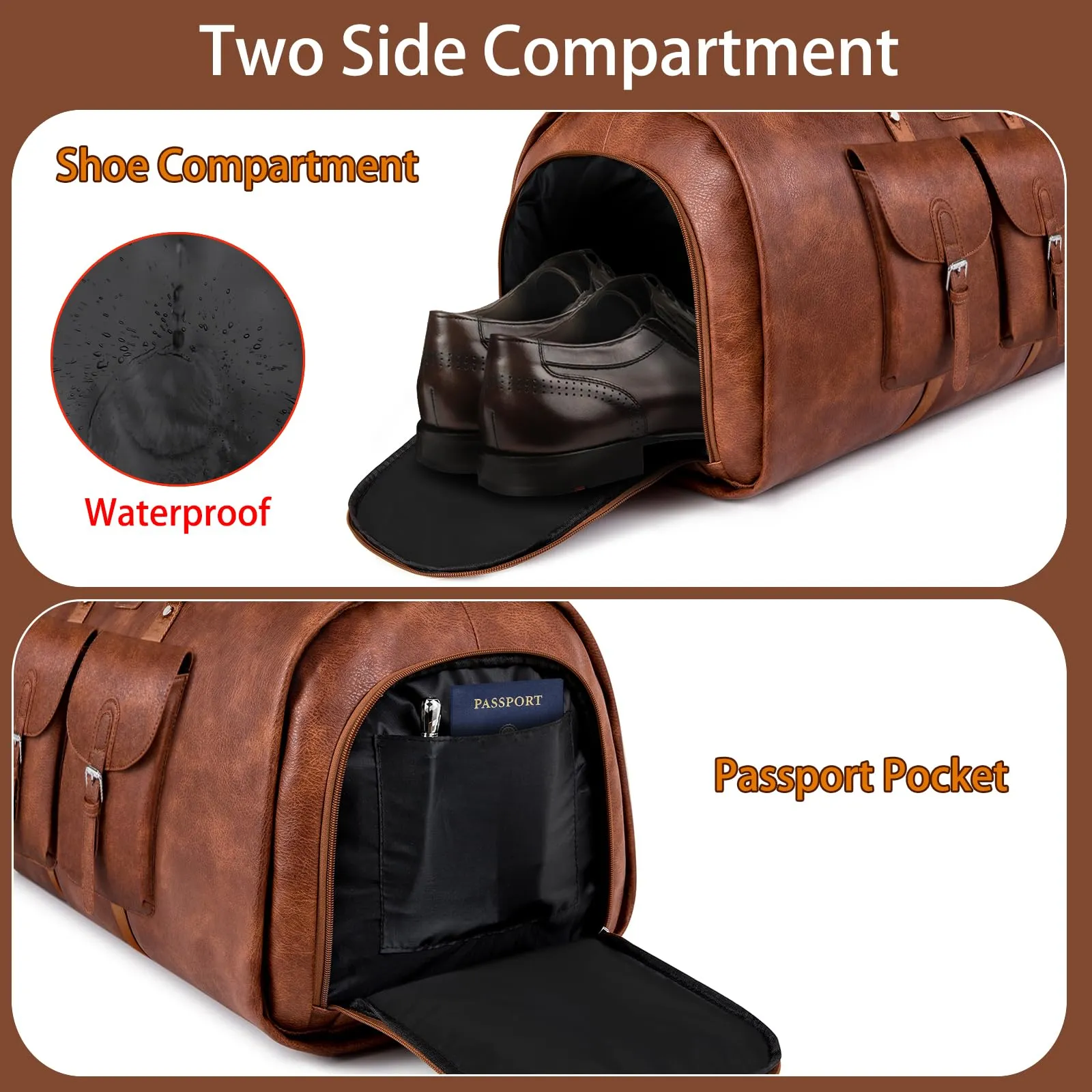 ITIEZY Convertible leather Garment Bag for Travel, 3Pcs Weekend Travel Bag, 2 in 1 Hanging Suitcase Suit Bag