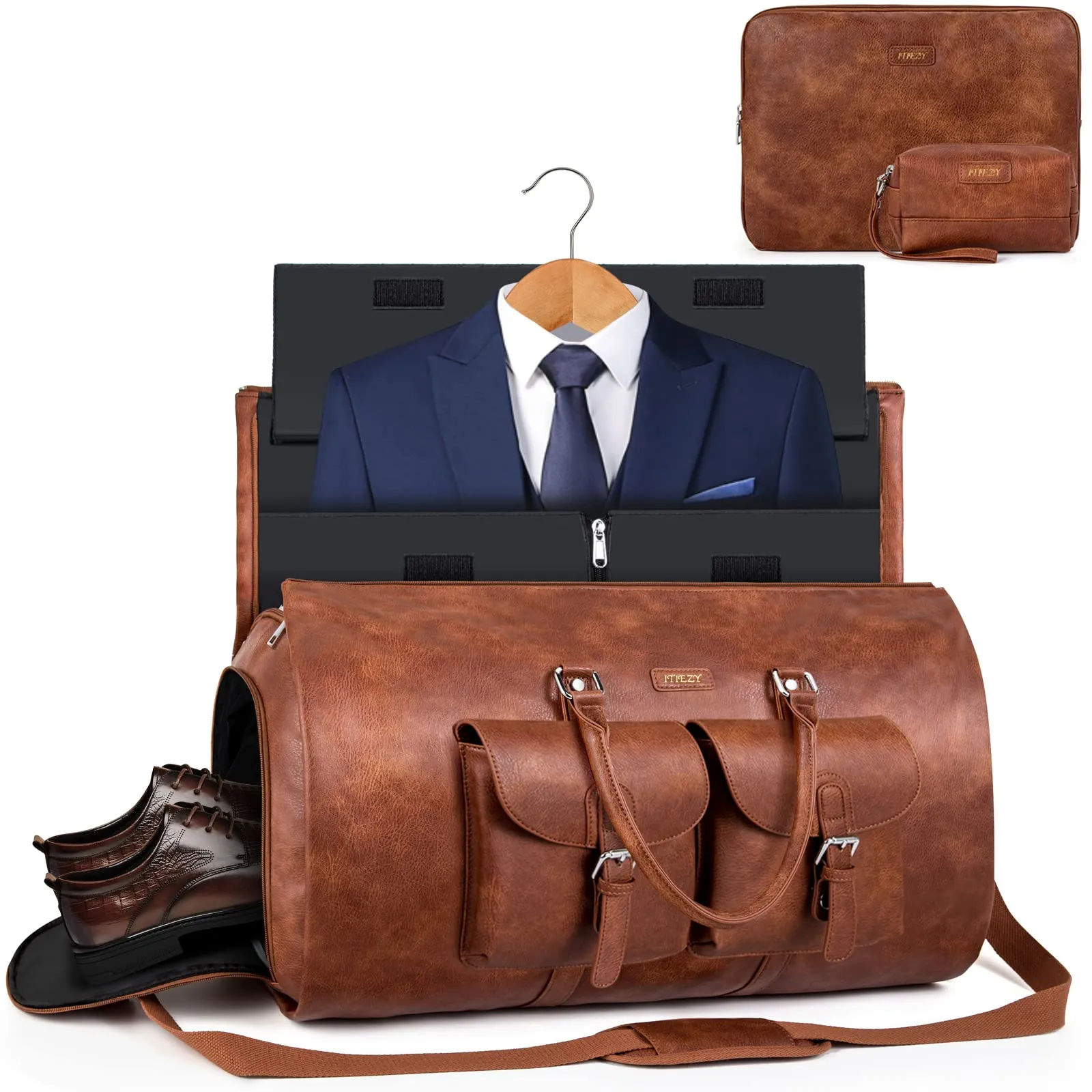 ITIEZY Convertible leather Garment Bag for Travel, 3Pcs Weekend Travel Bag, 2 in 1 Hanging Suitcase Suit Bag