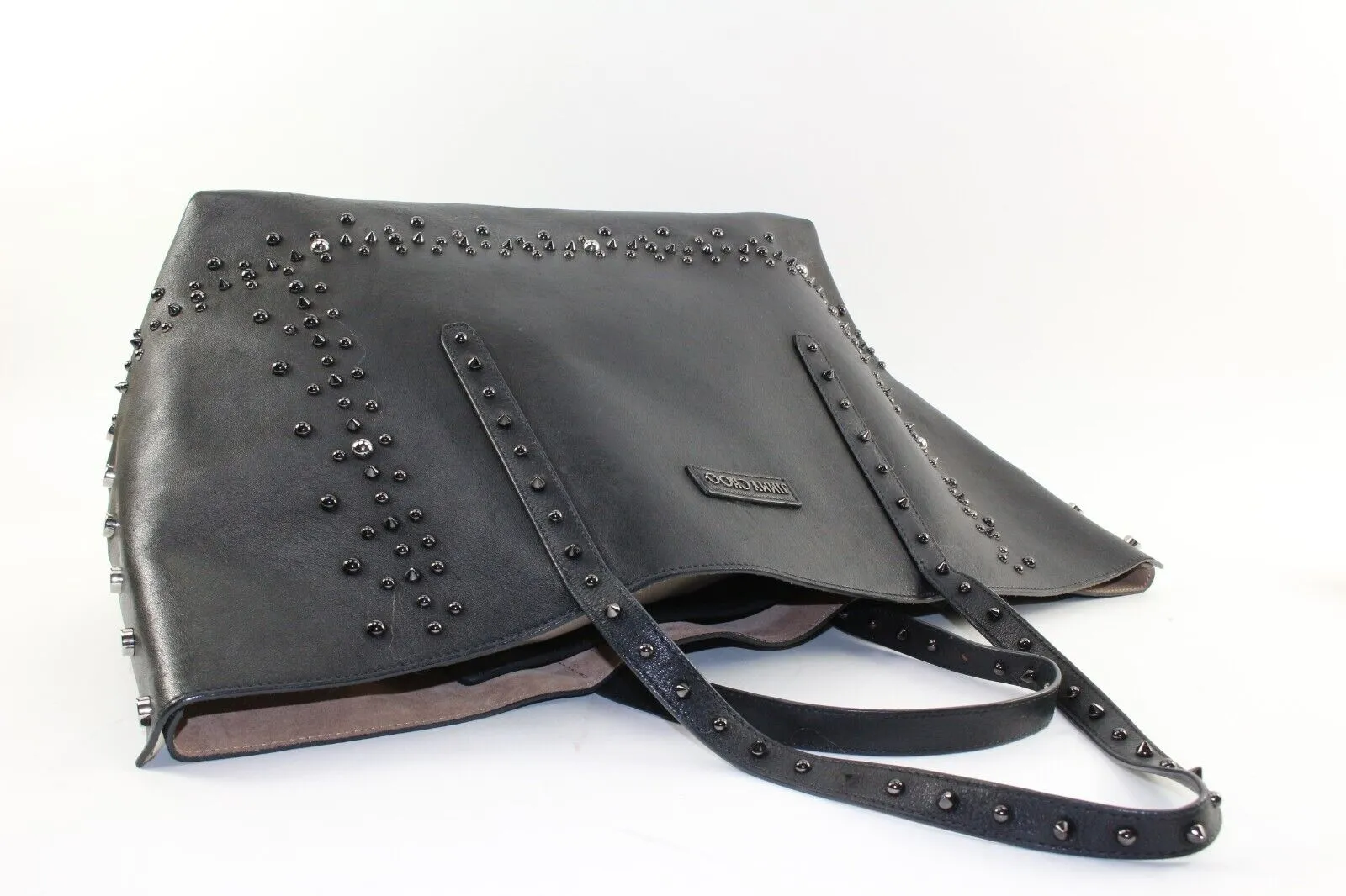 JIMMY CHOO Black Leather Studded Tote Spike Grommet Rivet 4JC1220K