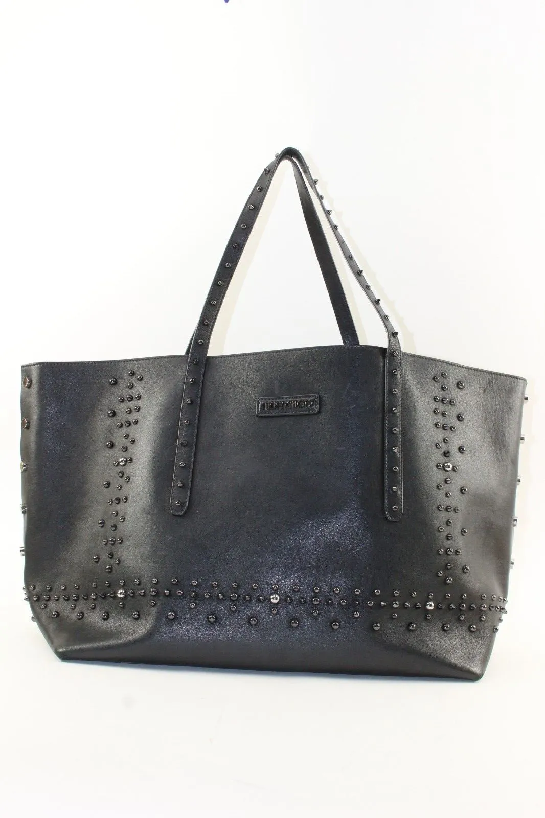JIMMY CHOO Black Leather Studded Tote Spike Grommet Rivet 4JC1220K