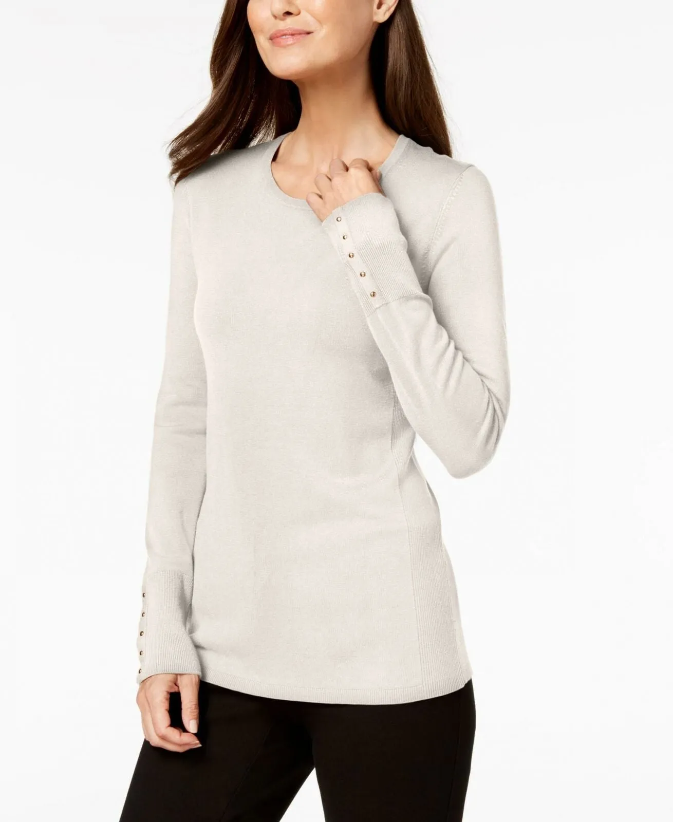 JM Collection Women's Studded-Cuff Sweater Eggshell Large