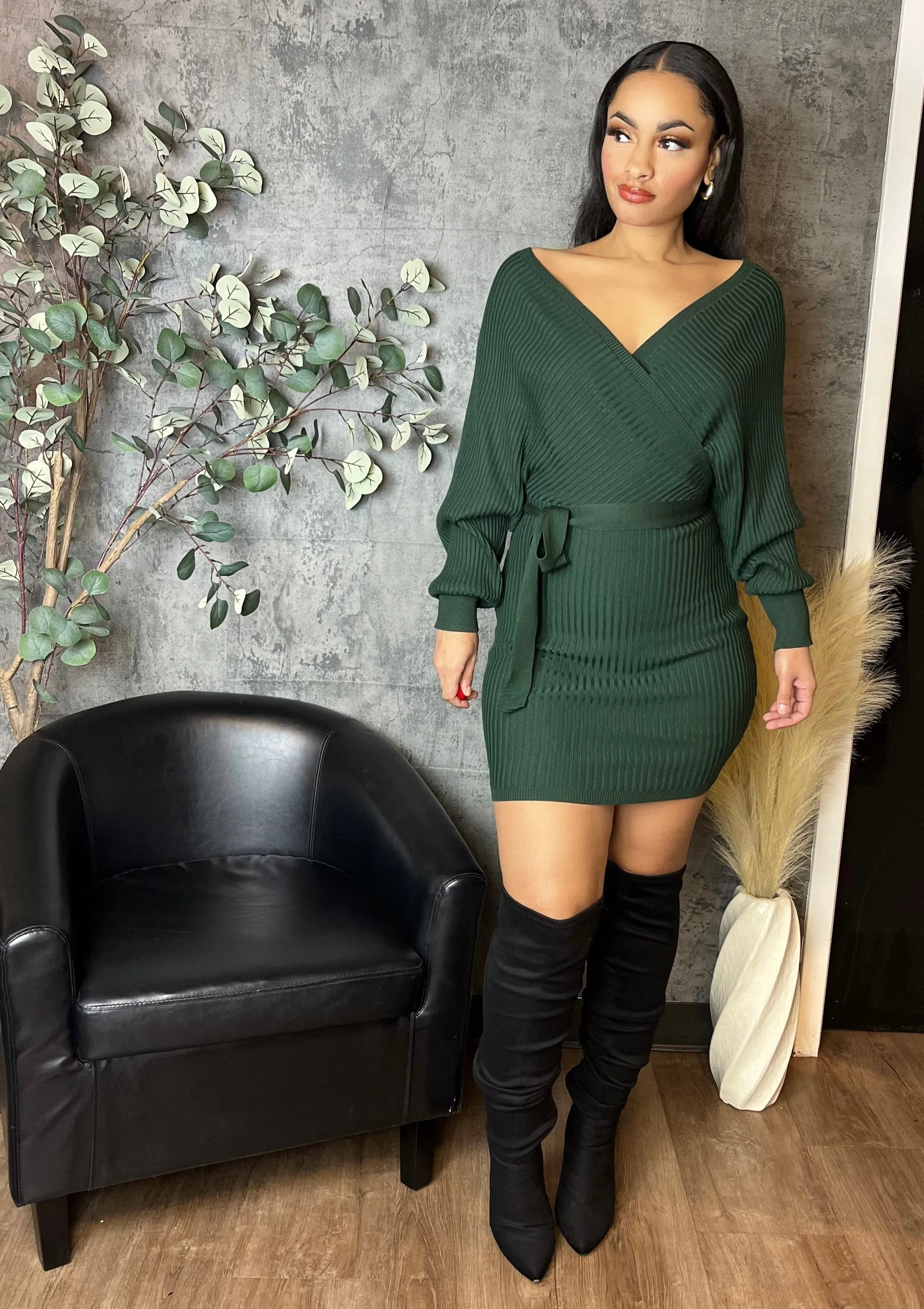 Knit Sweater Mini Dress (Hunter Green)