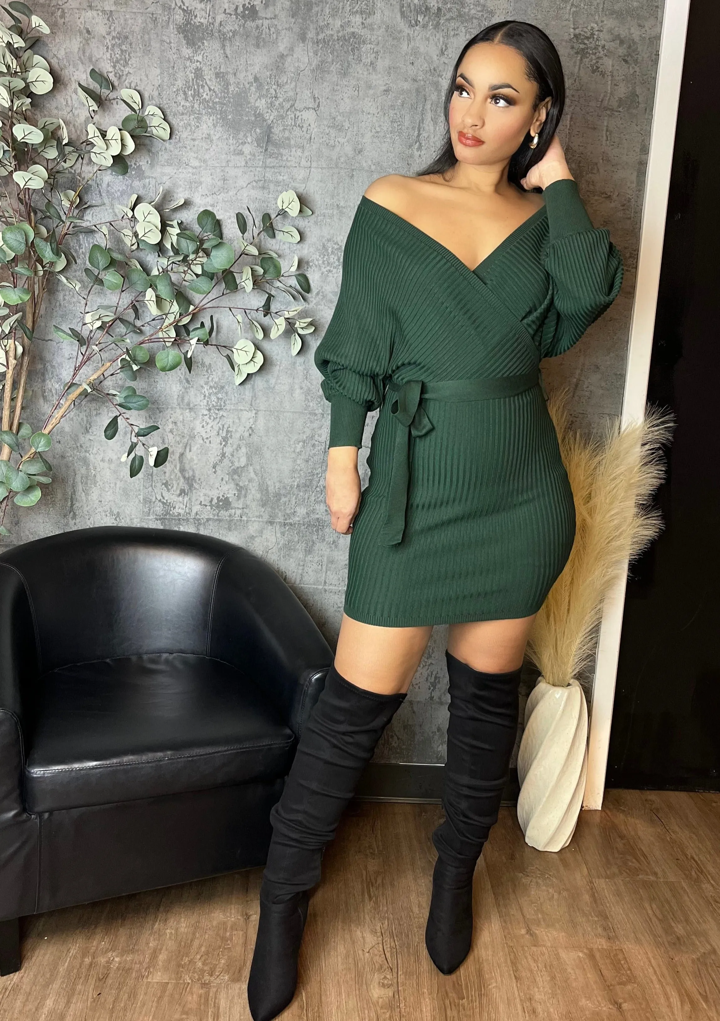 Knit Sweater Mini Dress (Hunter Green)