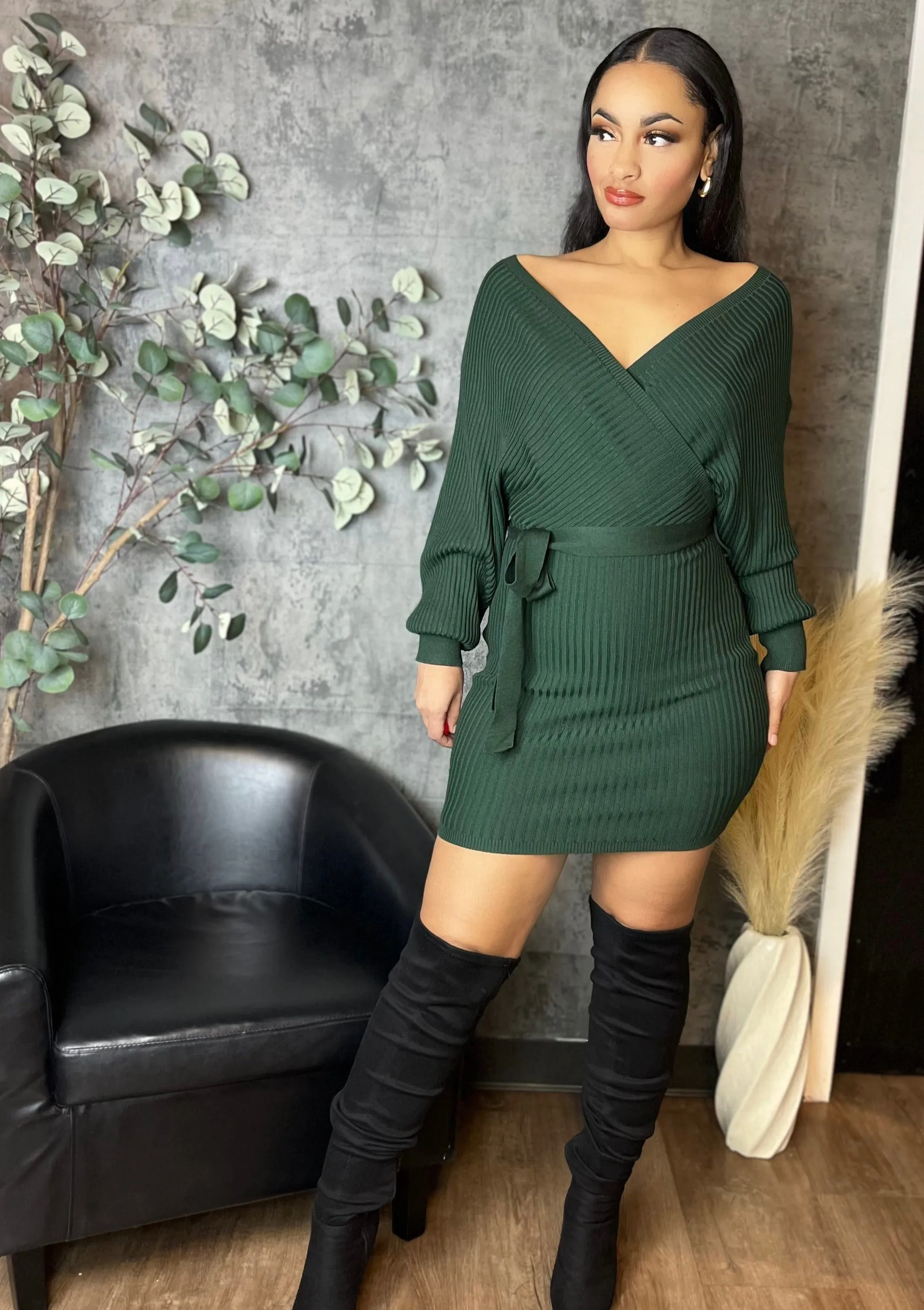 Knit Sweater Mini Dress (Hunter Green)