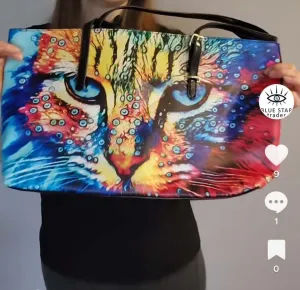 Large Cat Tote Bag, Artistic Rainbow Bubbles Maine Coon