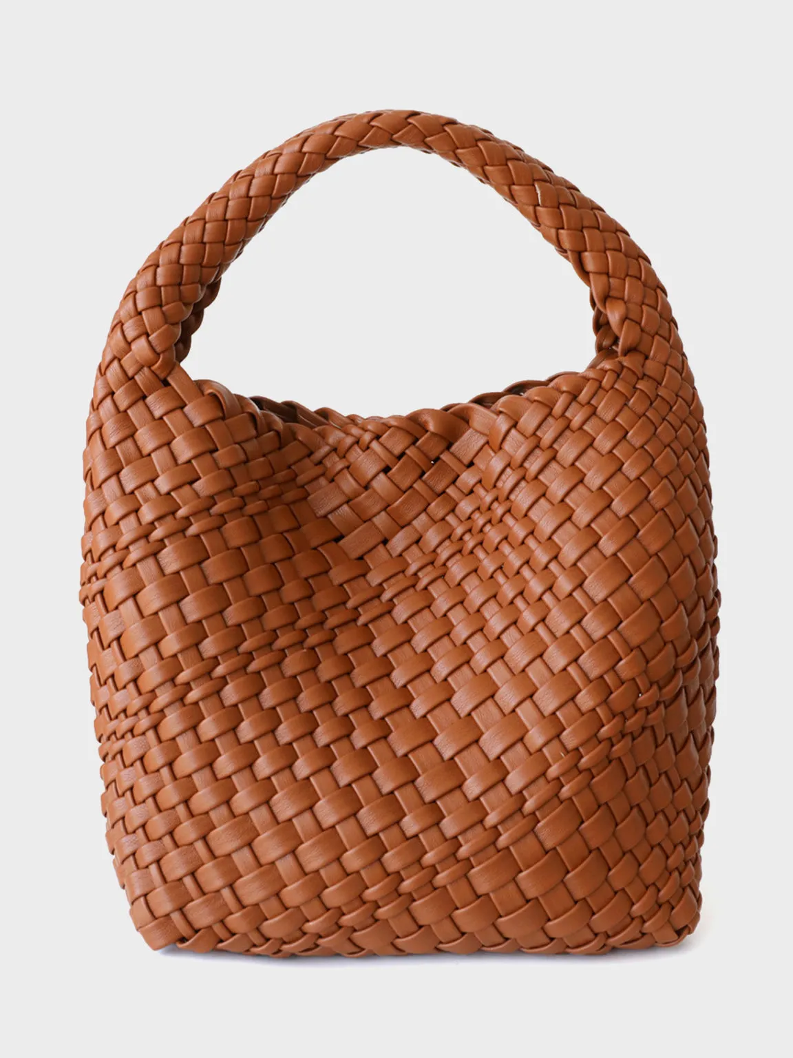 Leather Handmade Woven Top Handle Bucket Tote Bag Braided Open-top Basket Shoulder Bag