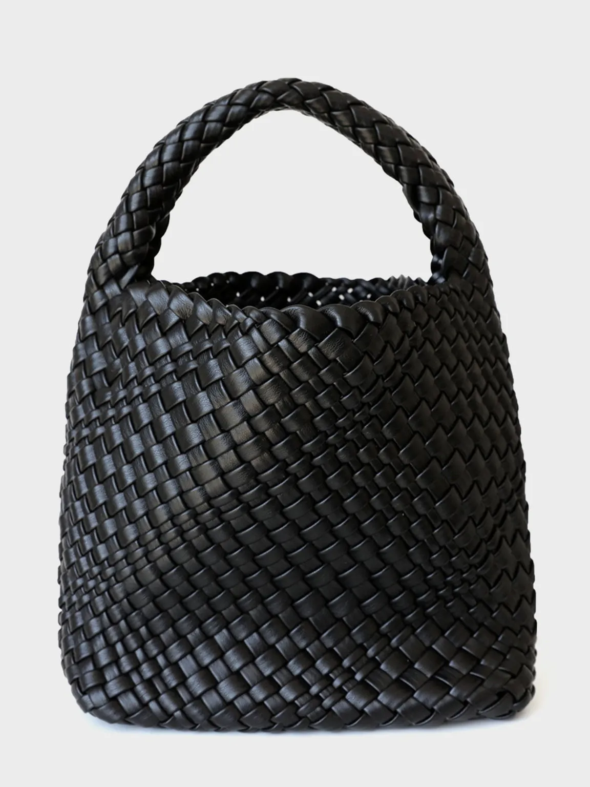 Leather Handmade Woven Top Handle Bucket Tote Bag Braided Open-top Basket Shoulder Bag