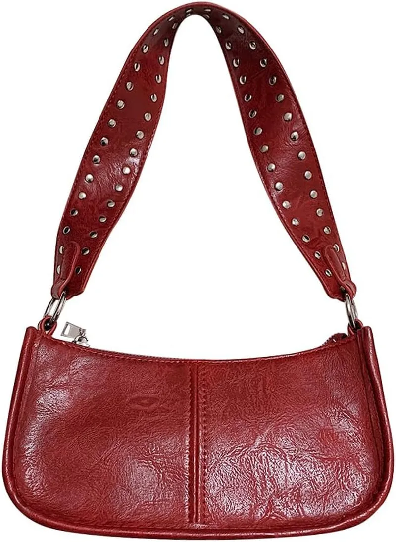 Leather Shoulder Bags for Women, Burgundy 90s Y2k Handbag, Studded Shoulder Crossbody Bag