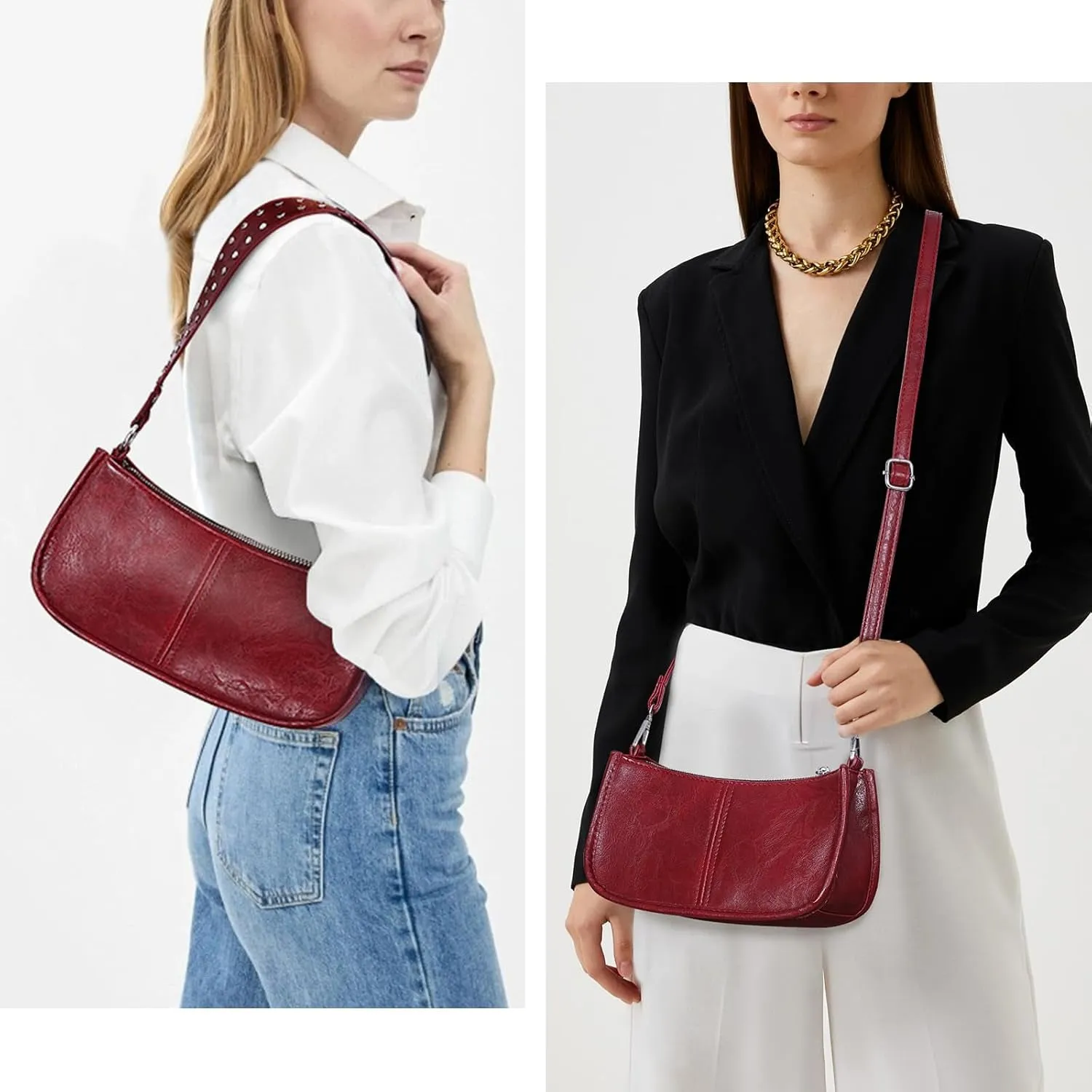 Leather Shoulder Bags for Women, Burgundy 90s Y2k Handbag, Studded Shoulder Crossbody Bag
