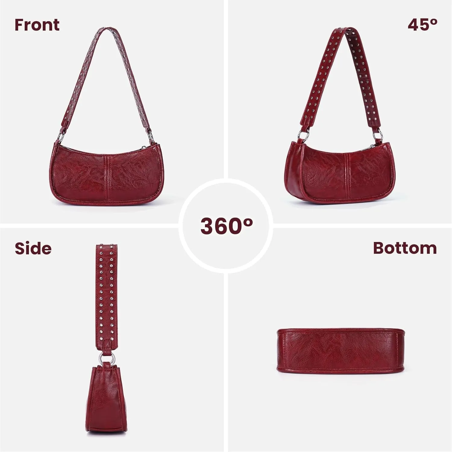 Leather Shoulder Bags for Women, Burgundy 90s Y2k Handbag, Studded Shoulder Crossbody Bag