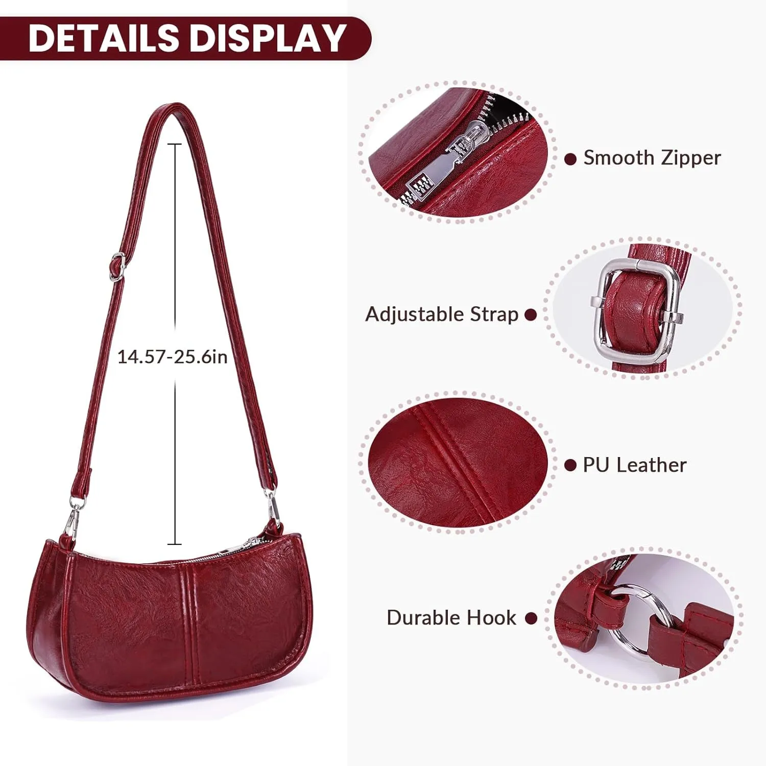 Leather Shoulder Bags for Women, Burgundy 90s Y2k Handbag, Studded Shoulder Crossbody Bag