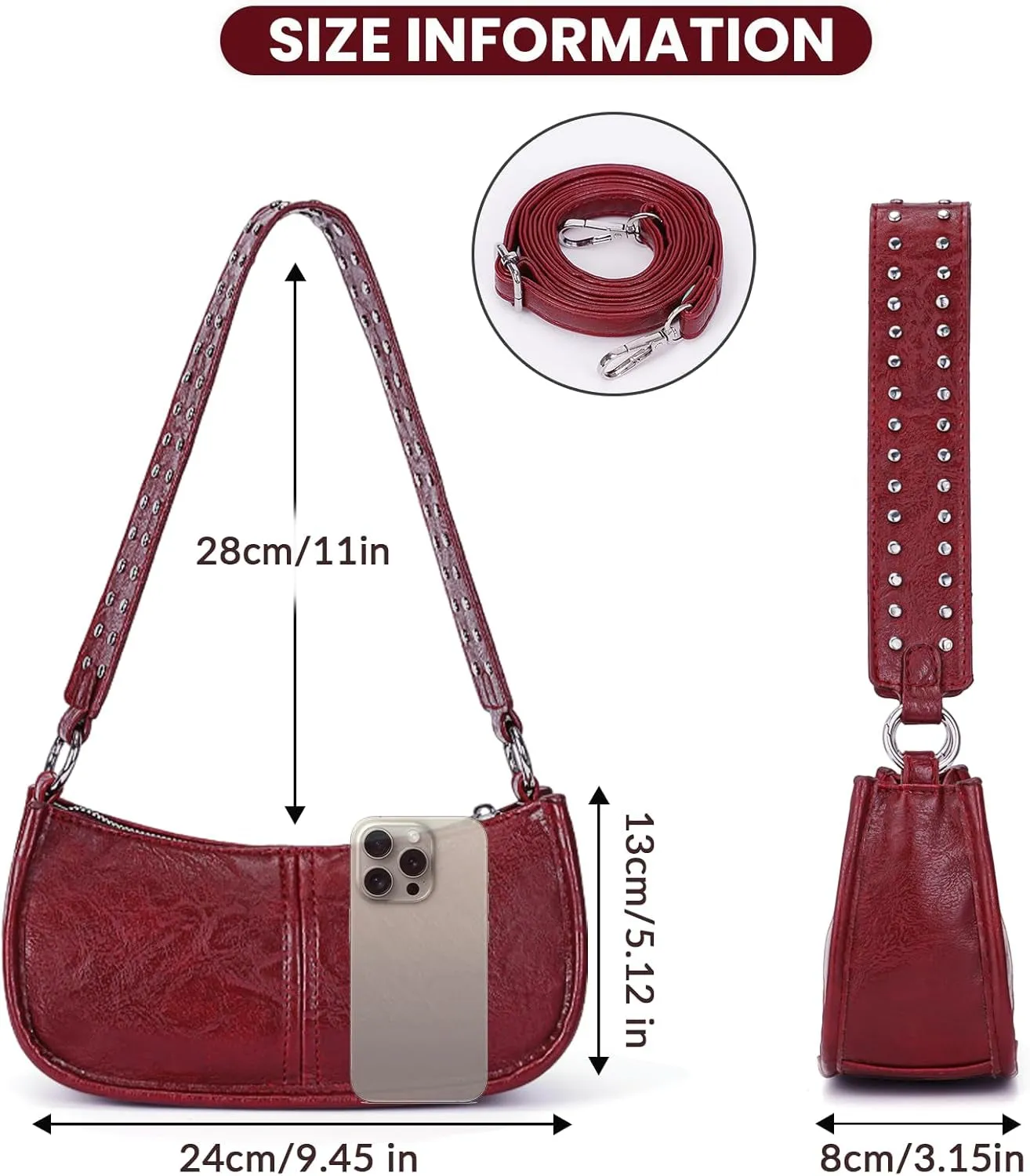 Leather Shoulder Bags for Women, Burgundy 90s Y2k Handbag, Studded Shoulder Crossbody Bag