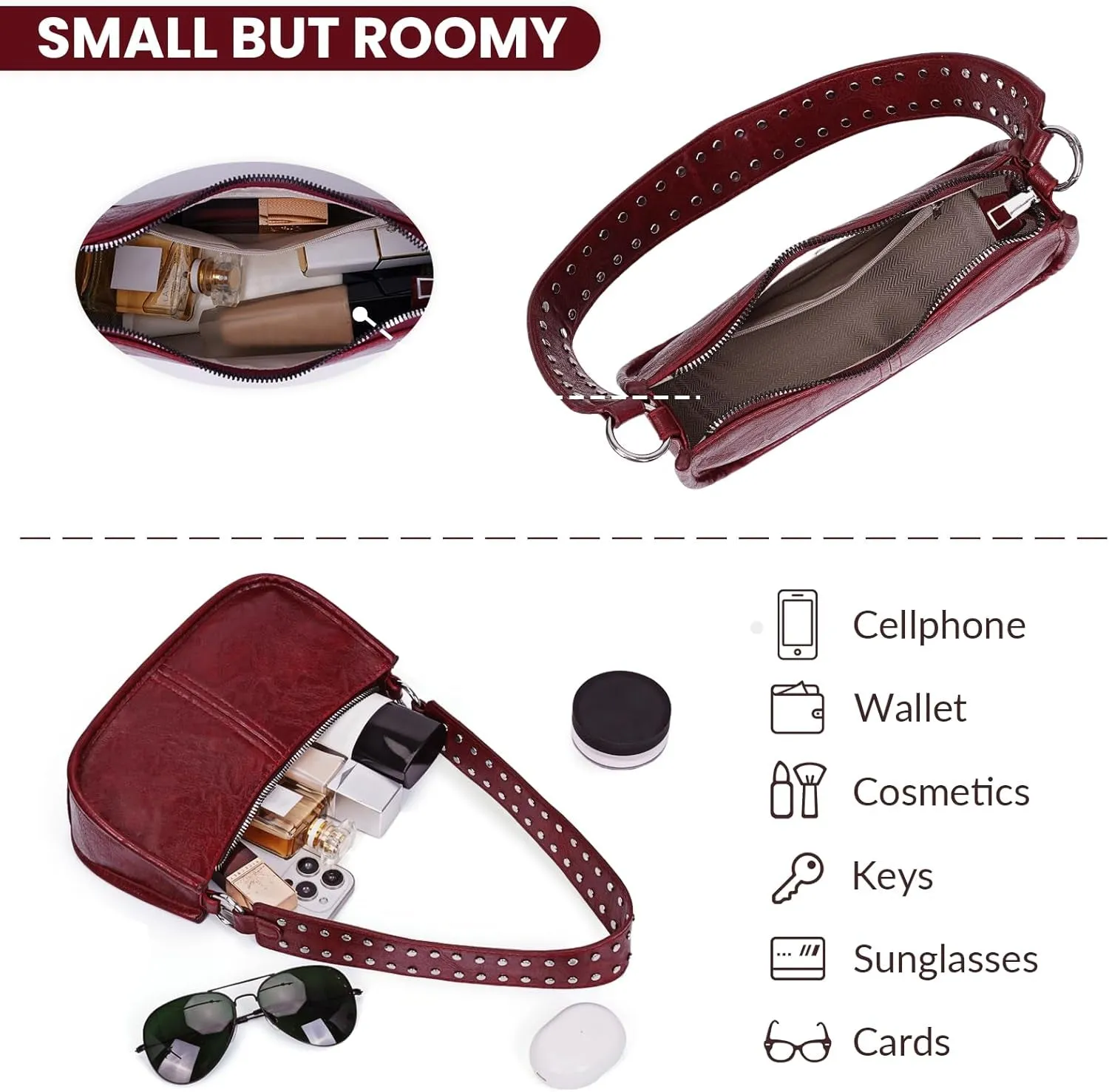 Leather Shoulder Bags for Women, Burgundy 90s Y2k Handbag, Studded Shoulder Crossbody Bag