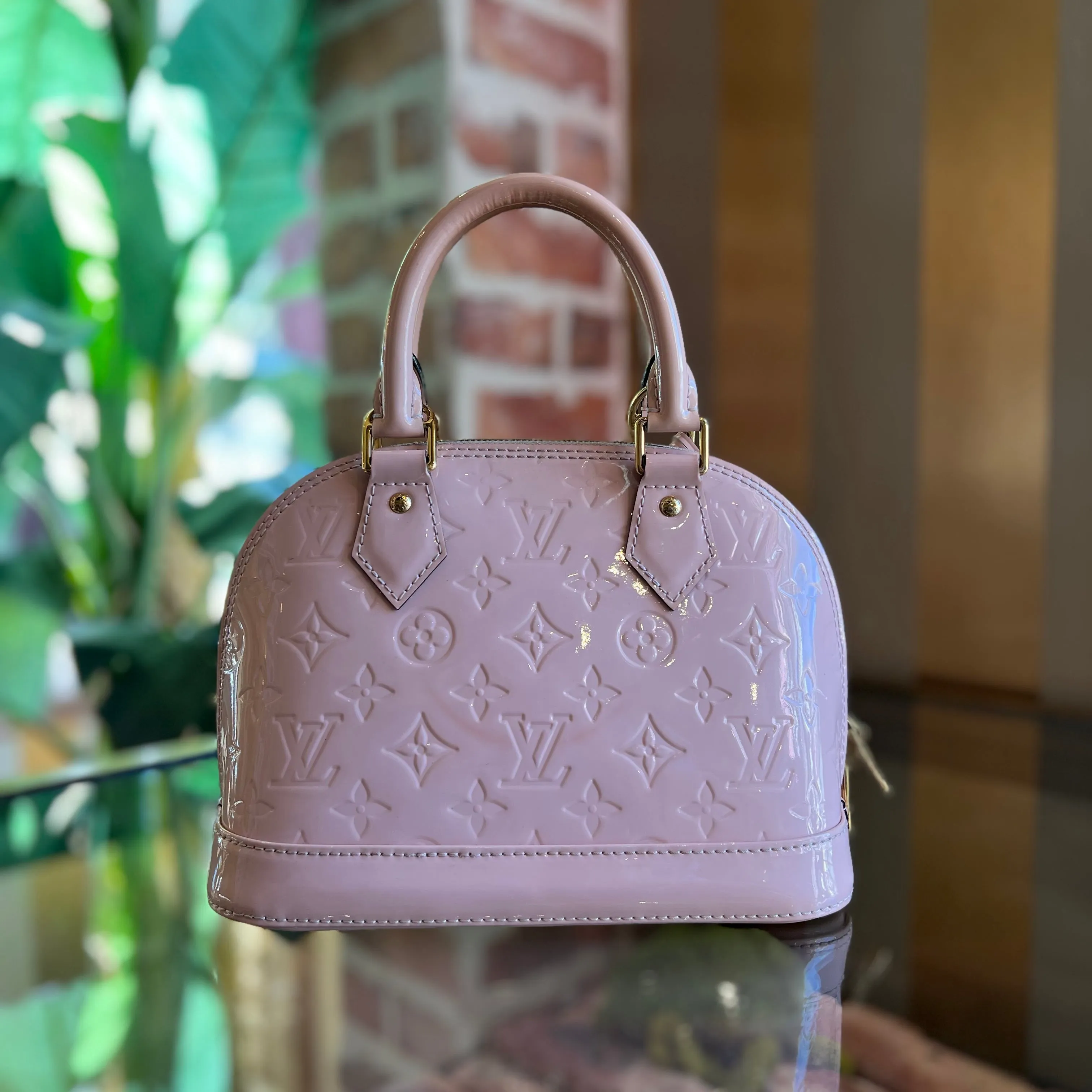 LOUIS VUITTON Alma BB Rose Ballerine Vernis Monogram Satchel Bag