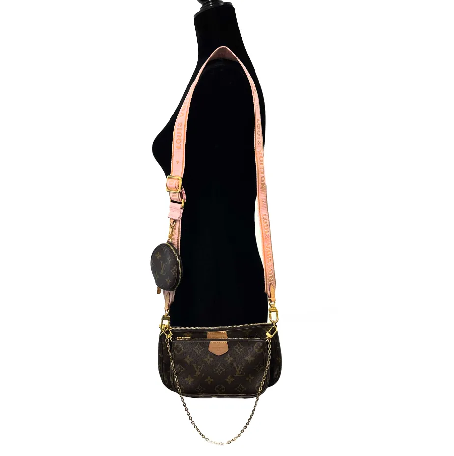 Louis Vuitton Multi Pochette Accessoires Monogram Canvas Crossbody w/ Pink Strap