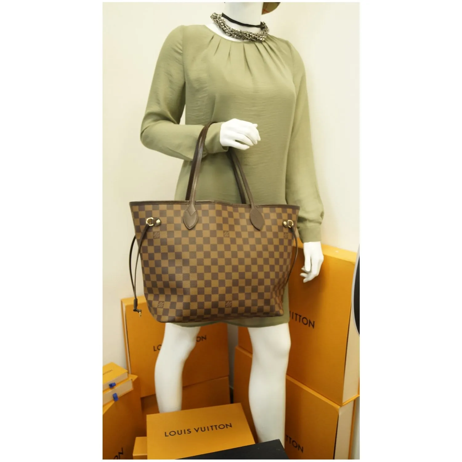 LOUIS VUITTON Neverfull MM Damier Ebene Tote Shoulder Bag Brown