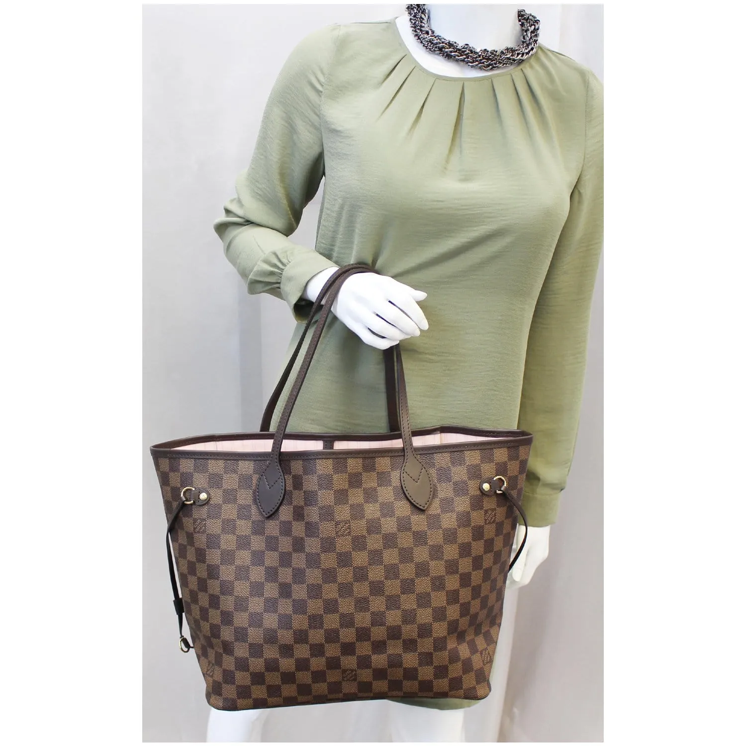 LOUIS VUITTON Neverfull MM Damier Ebene Tote Shoulder Bag Rose Ballerine