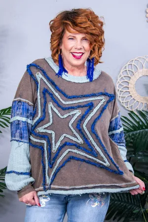 Making A Wish On A Star Charcoal Gray/Blue Star Printed Top - T10749CG