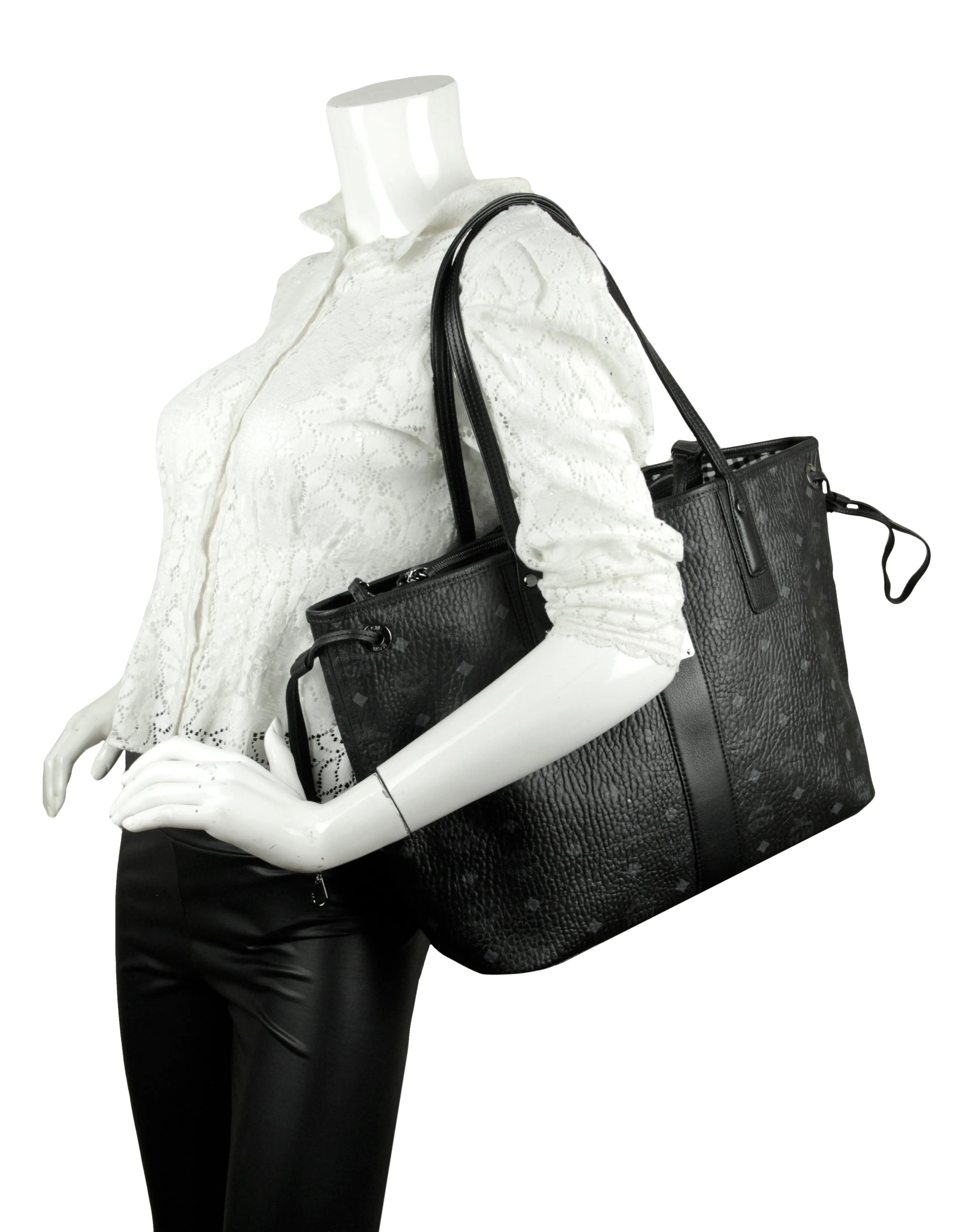 MCM Black Visetos Large Liz Reversible Shopper Tote Bag